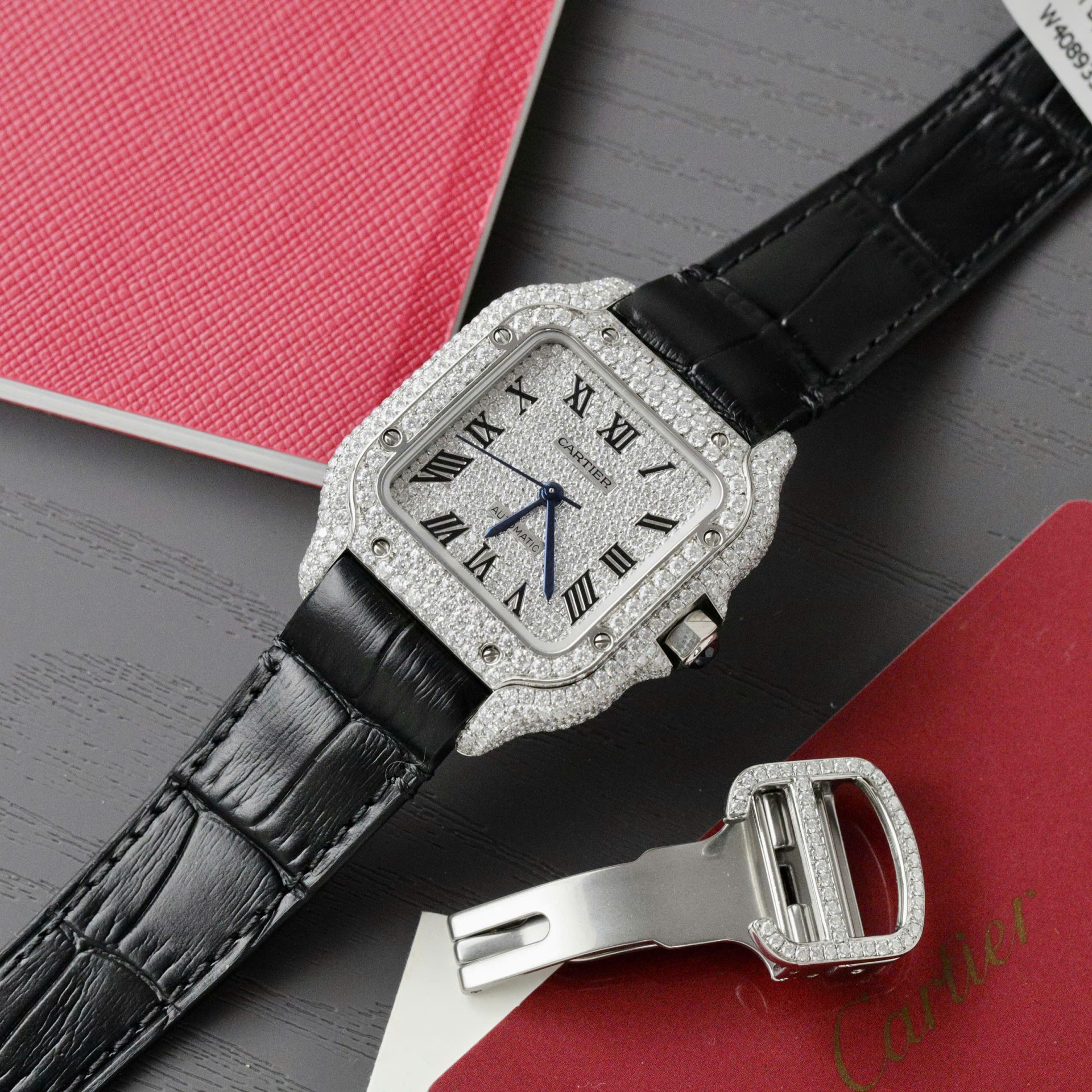 Cartier Santos Women Copies Watches Full Moissanite Diamonds Custom 35mm