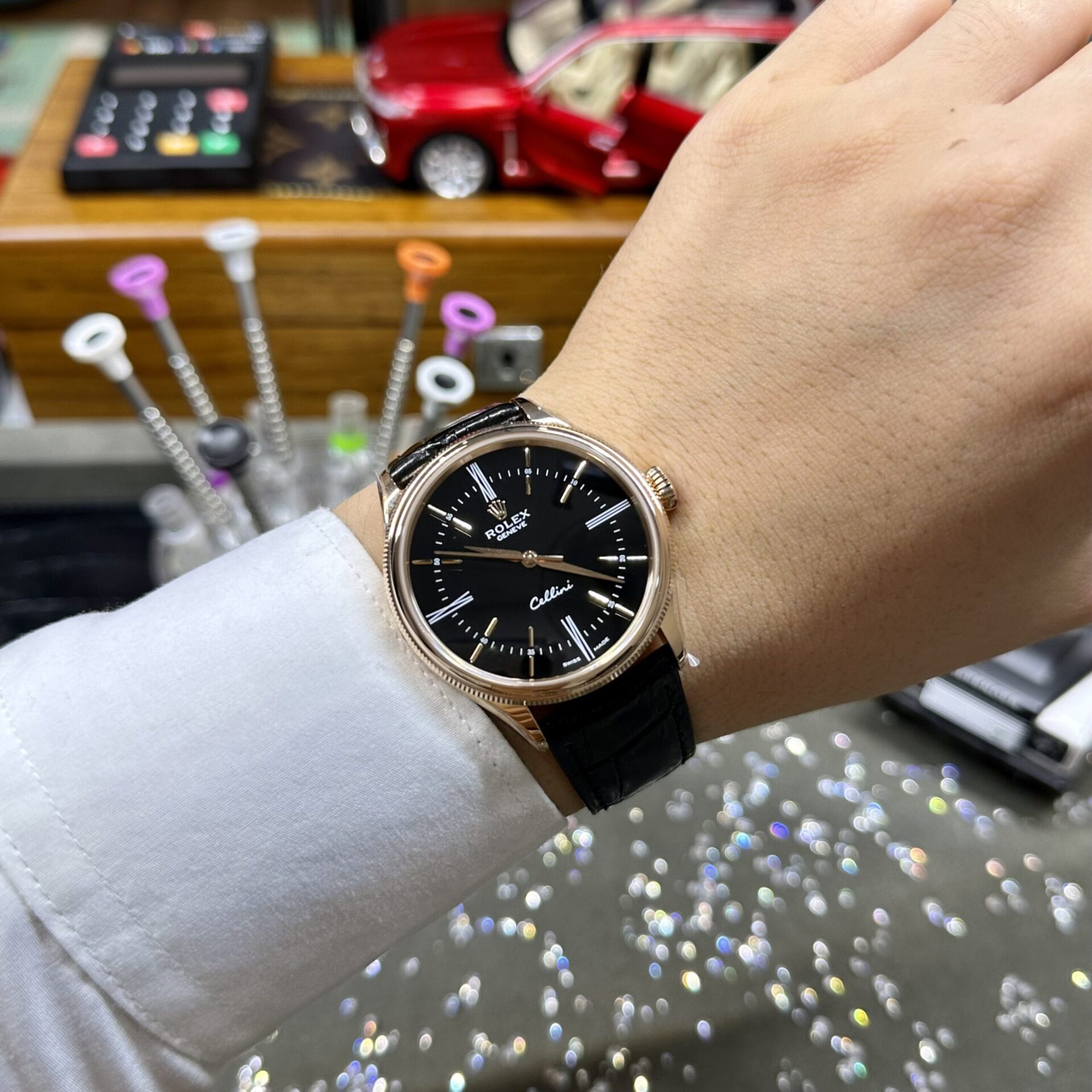 Rolex Replica Watch Cellini Time 50505 Black Dial Leather Strap 39mm