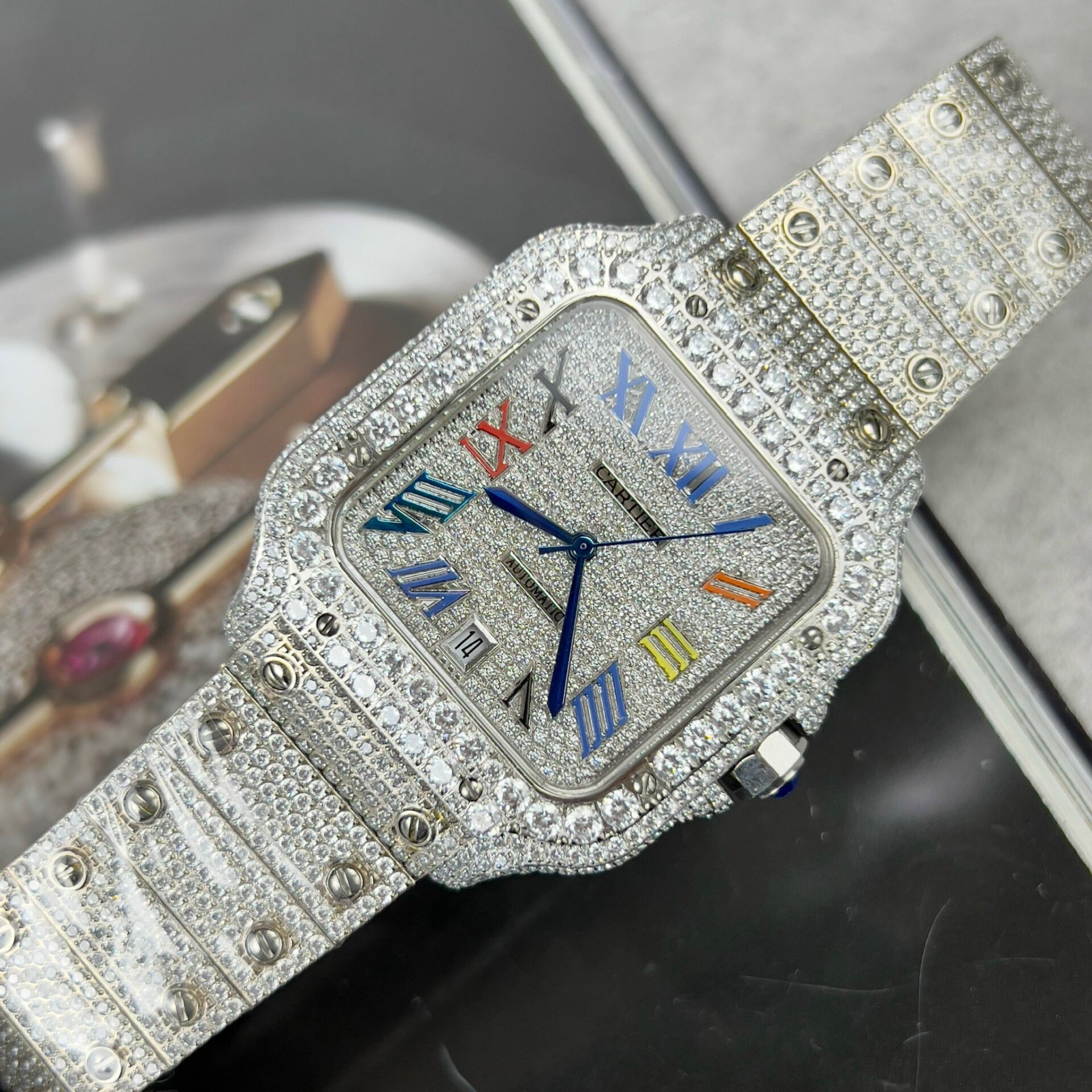 Cartier Santos Best Replica Watch With Full Stone 39.8mm