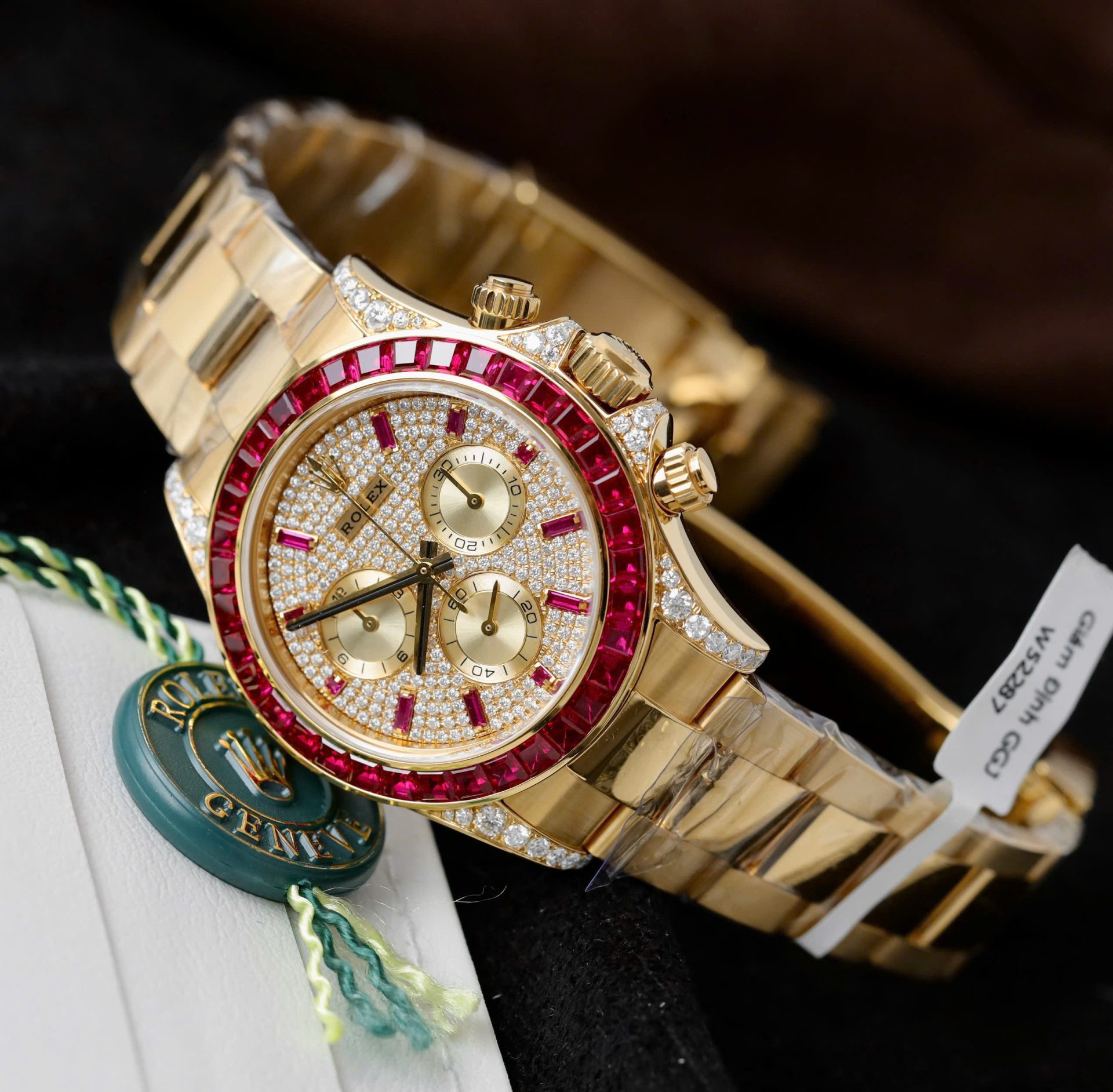 Rolex Daytona 126598TRU Replica Watches Custom Gold Wrapped + Ruby + Diamonds Moissanite 40mm