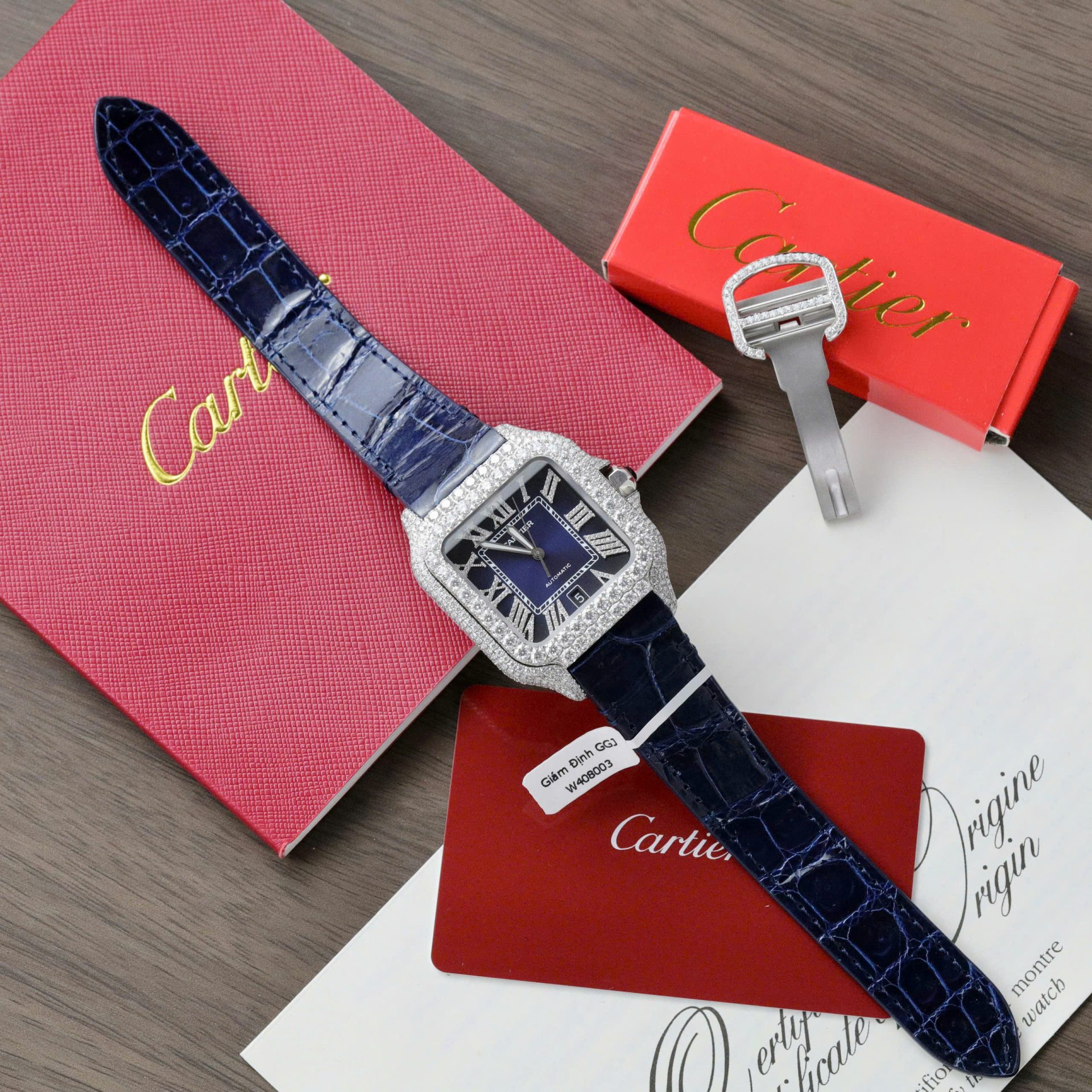 Cartier Santos Best Copies Watch Dial Blue Custom Diamonds Moissanite Hong Kong 39.8mm