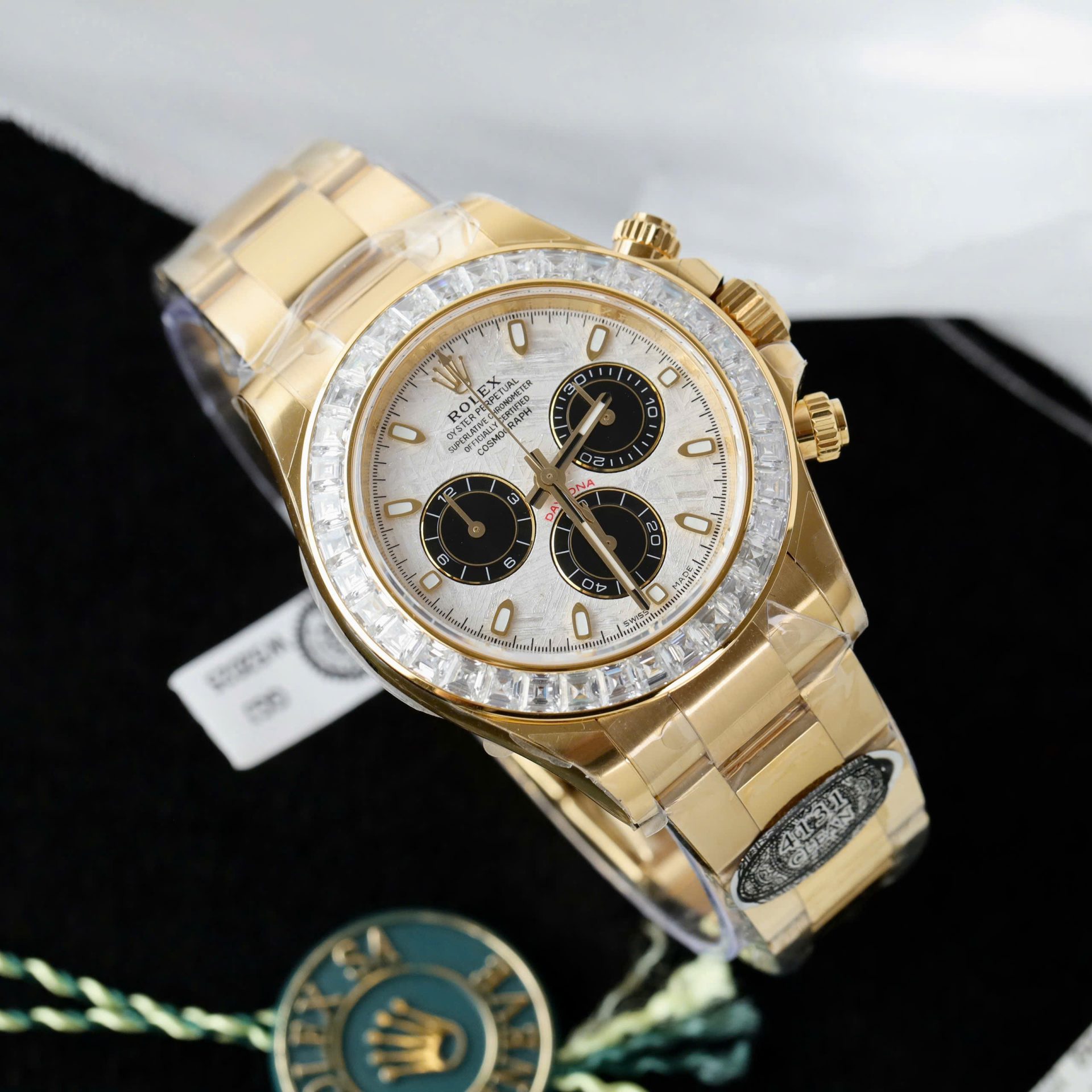 Rolex Daytona Meteorite Dial Copies Watch Gold Wrapped + Moisanite Baguette 40mm