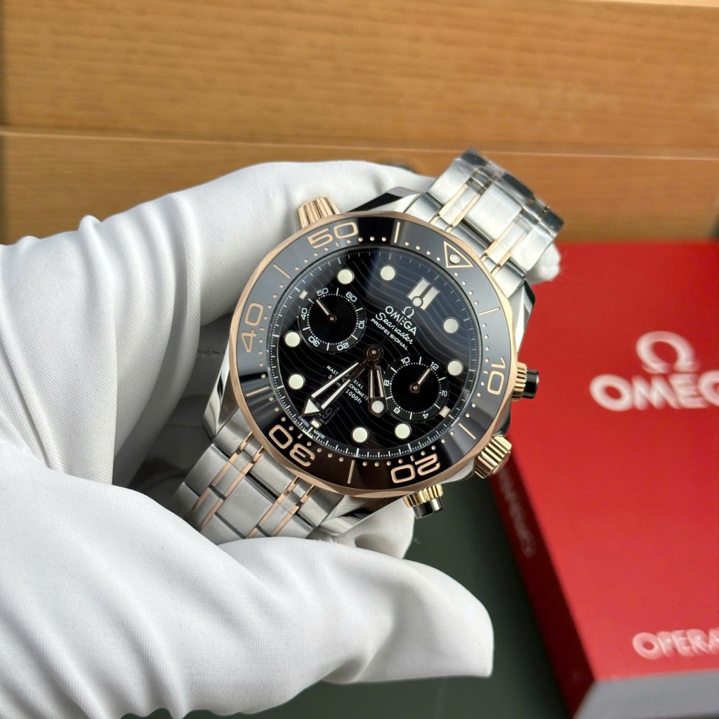 Omega Dial Black Copies Watches Seamaster Diver 300M Chronograph Demi Rose Gold N1 Factory 44mm