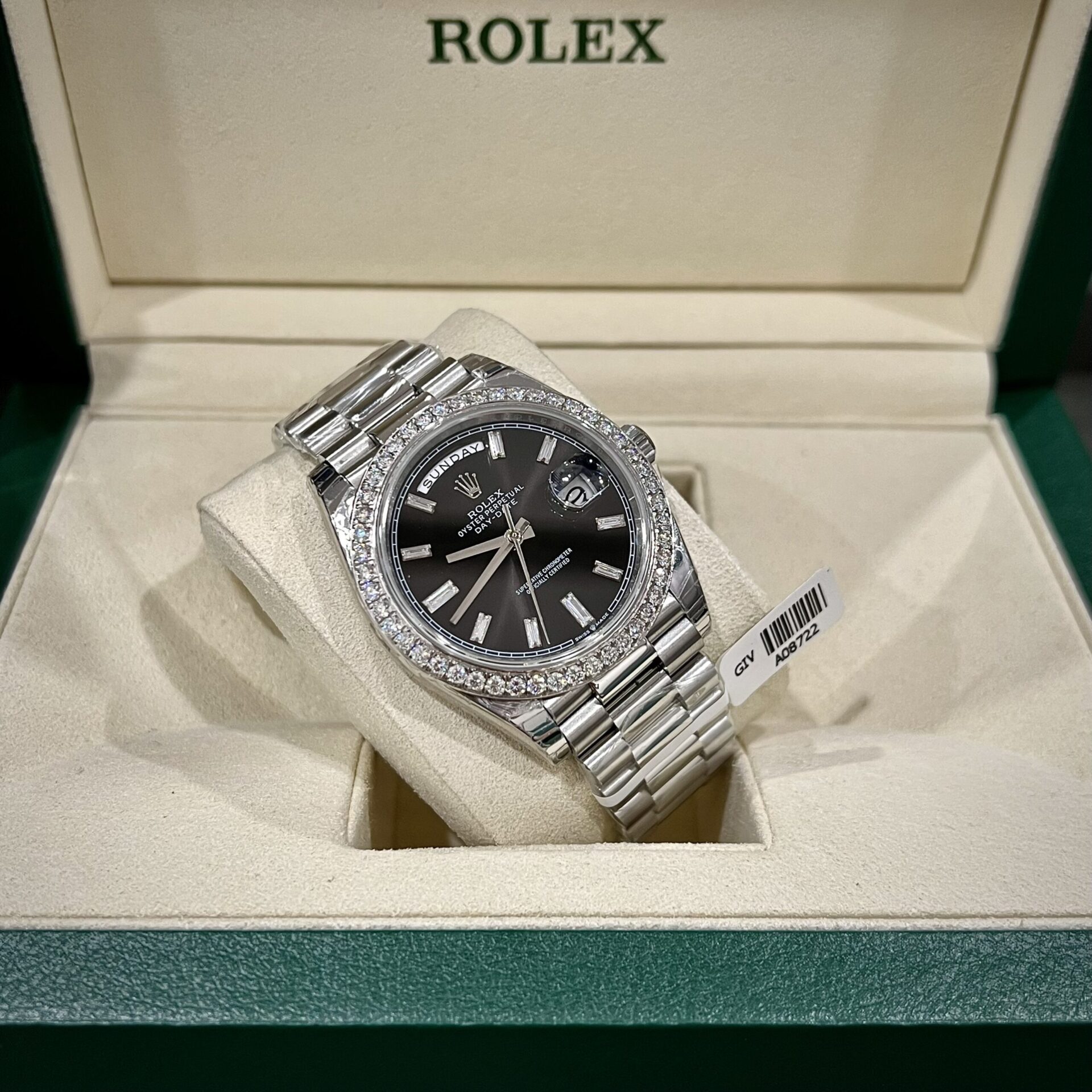 Rolex Day-Date Replica Watch Black Dial Custom Moissanite Diamonds 40mm