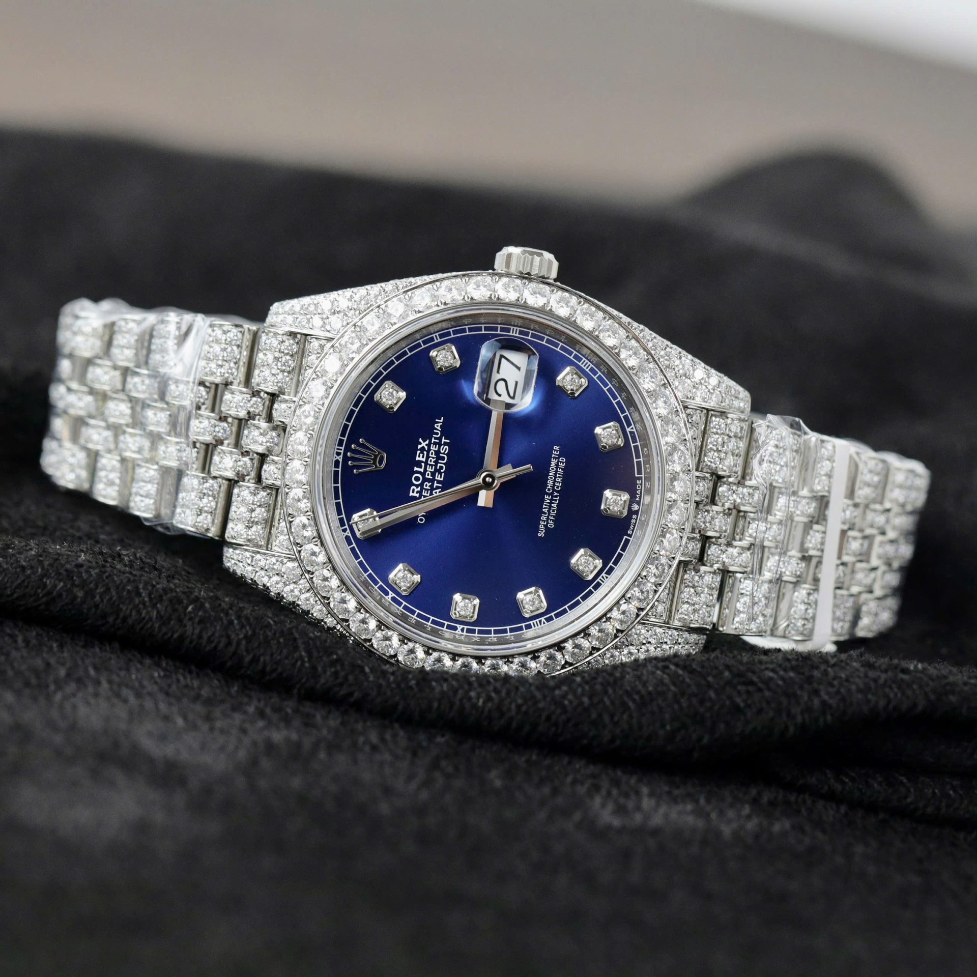 Rolex DateJust Blue Dial Copies Watches Custom Moissanite Diamonds 36mm