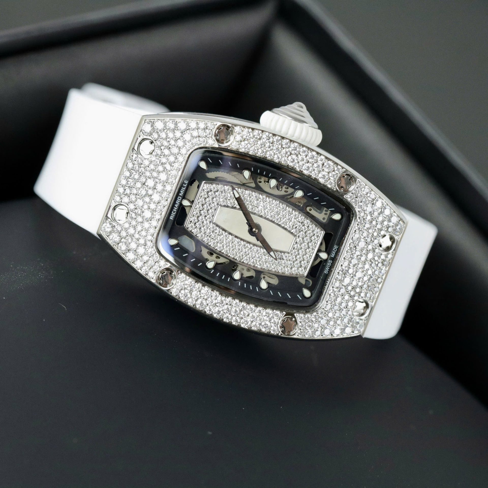 Richard Mille RM007 Replica Watch White Custom Full Moissanite Diamonds Hong Kong 36mm