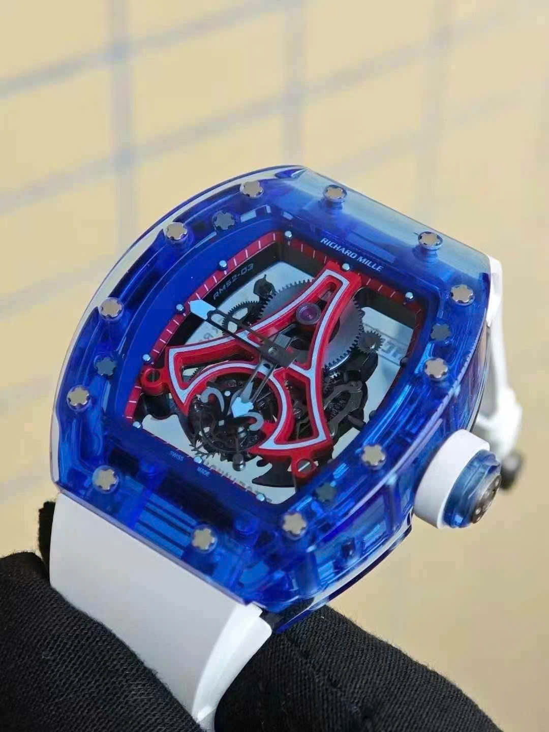 Richard Mille RM52-03 Paris Saint-Germain Tourbillon Replica Watch Bark Sapphire Blue 40x48mm