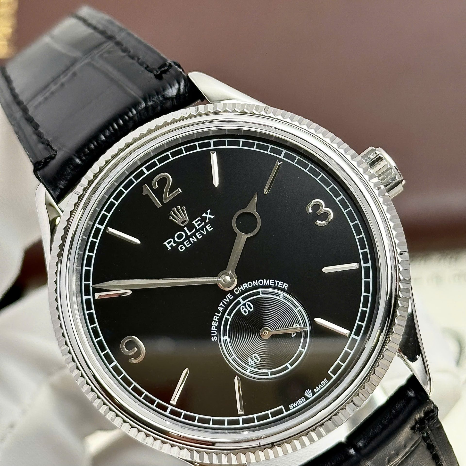 Rolex Perpetual 1908 Clone Watches Black Dial Leather Strap 39mm