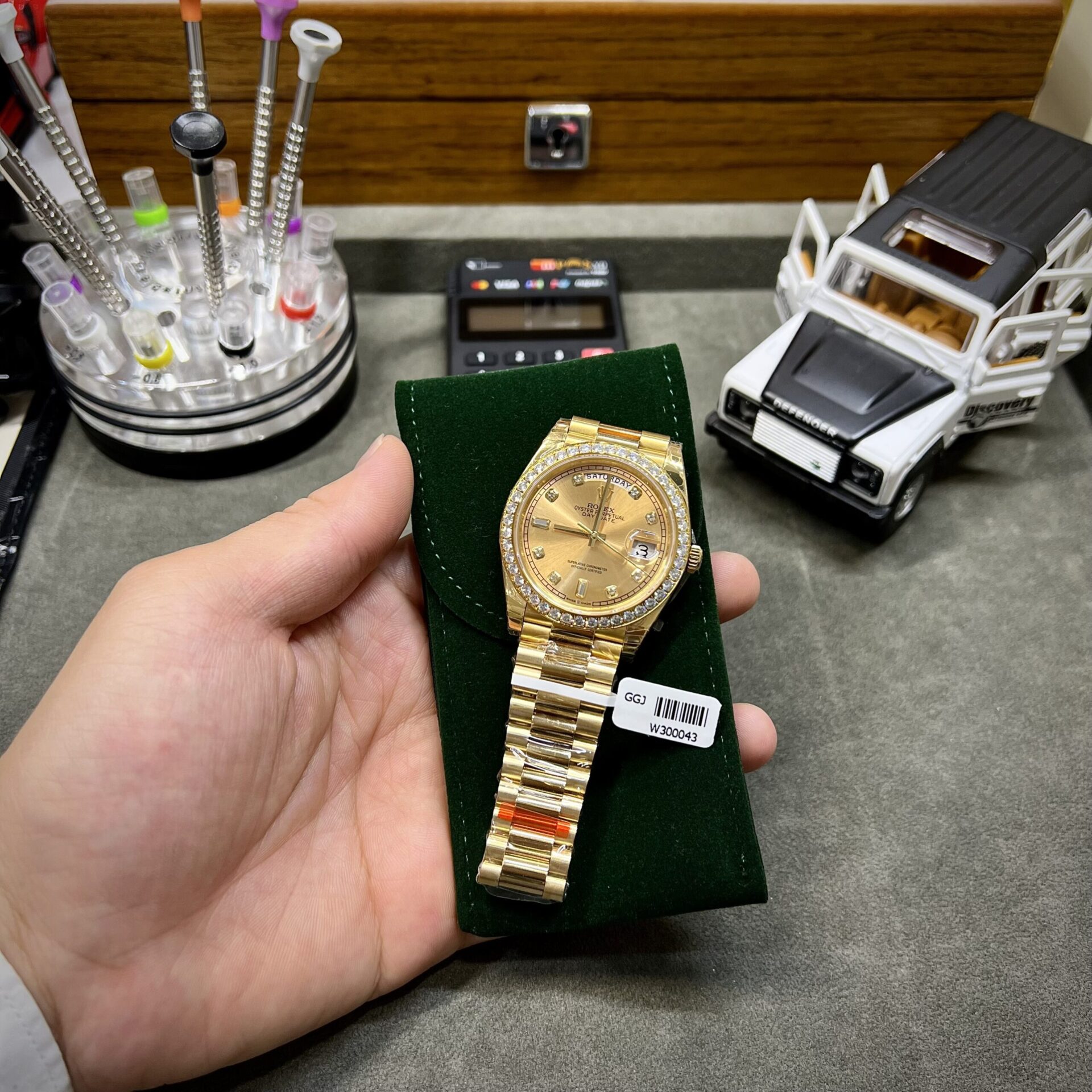 Rolex Fake Watch Day-Date Yellow Dial Custom Moissanite Diamonds 40mm