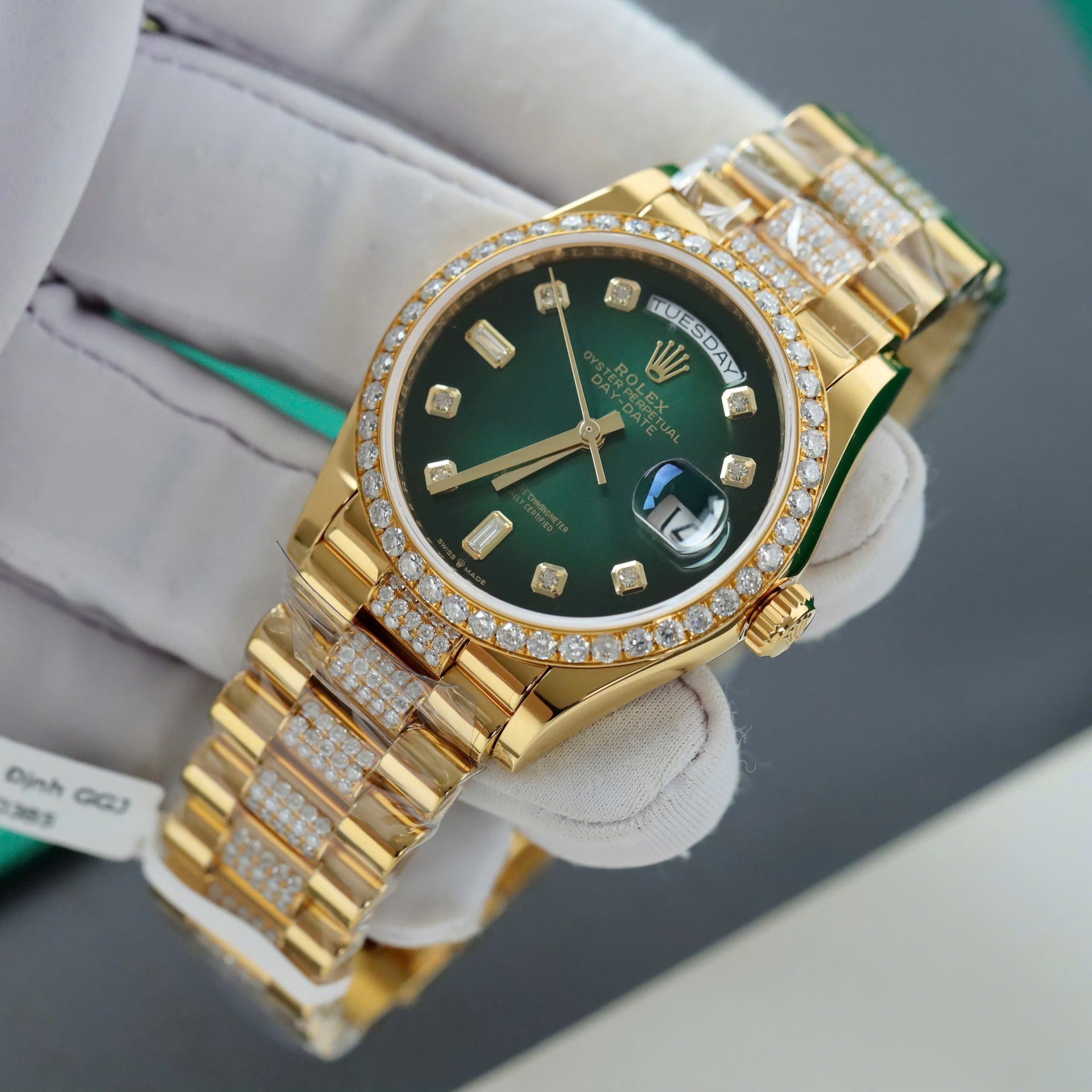Rolex Day-Date Dial Green Ombre Copies Watch Gold Wrapped + Diamonds Moissanite Custom 36mm