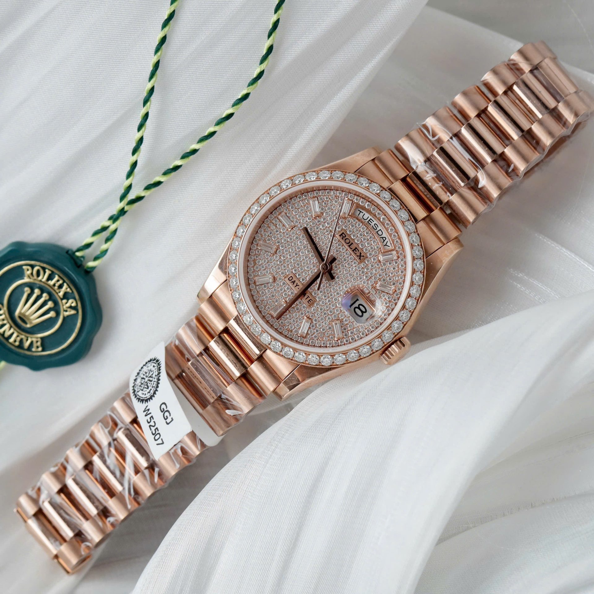 Rolex Day-Date Copies Watches 18K Rose Gold Wrapped + Moissanite Diamonds GM Factory 36mm