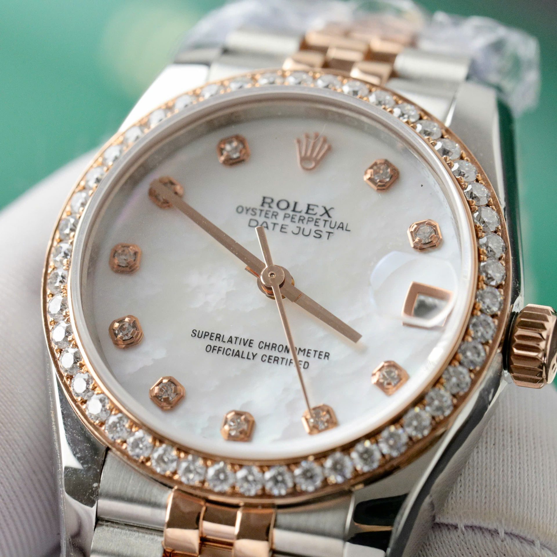 Rolex DateJust Replica 11 Watch Dial Mother Of Pearl Custom Moissanite Diamonds 31mm