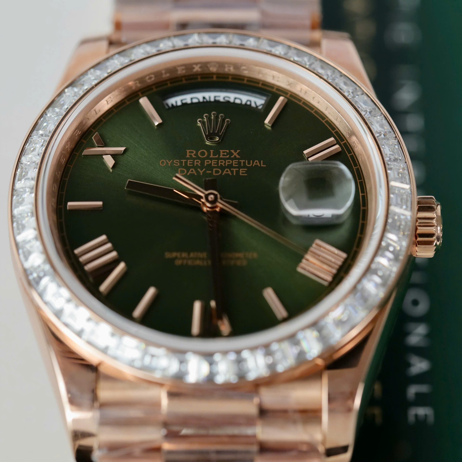 Rolex Day-Date Geen Dial Copies Watches Gold Wrapped + Diamonds Moissanite Baguette 40mm