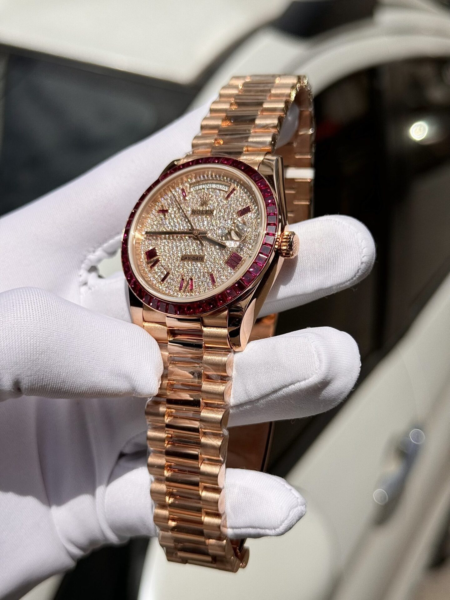 Rolex Best Replica Watch Day-Date Custom Ruby Red   Baguette Moissanite Diamonds GM Factory 40mm