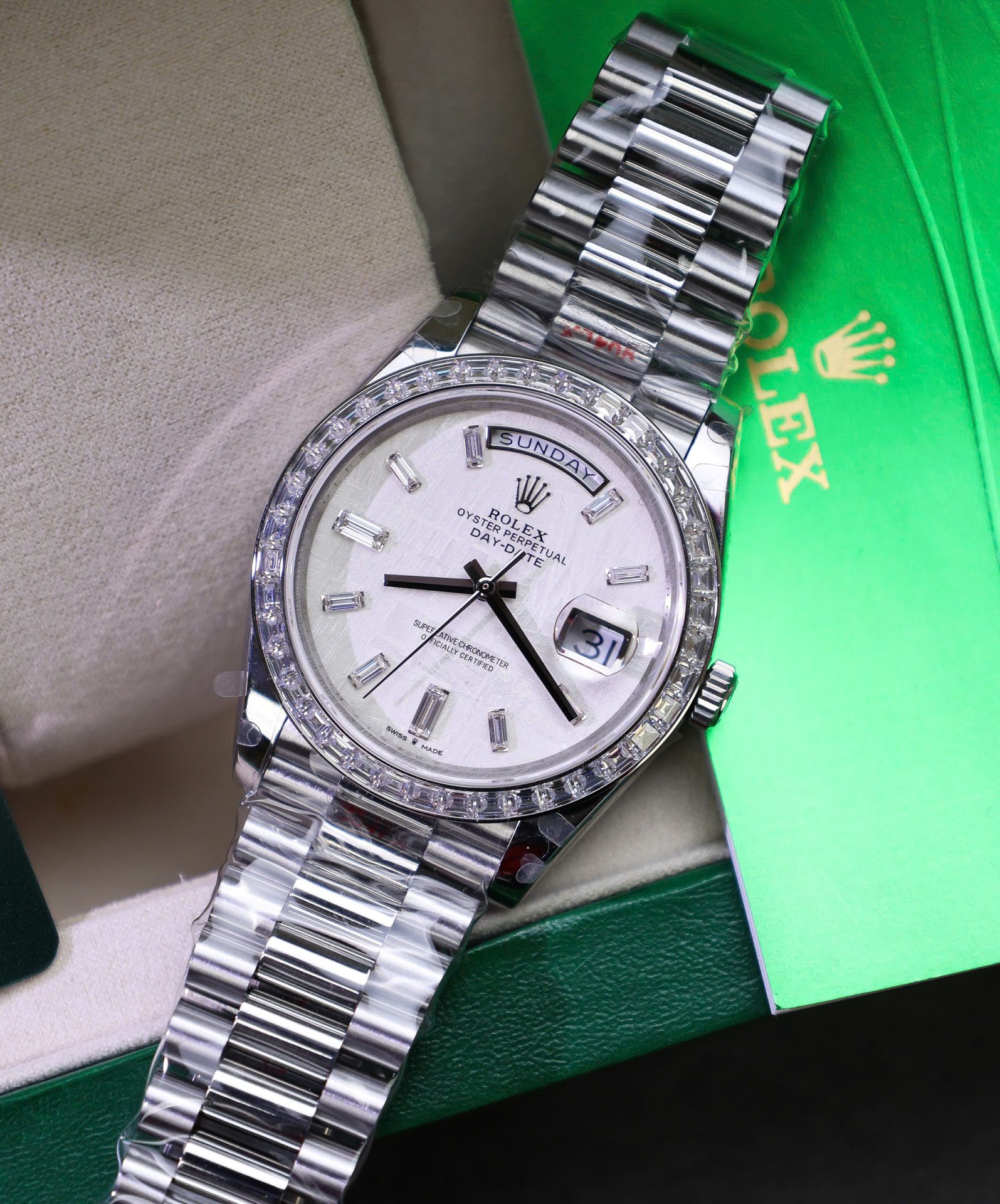 Rolex Day-Date Best Copies Watch Meteorite Wial Custom Diamonds Moissanite Baguette 40mm