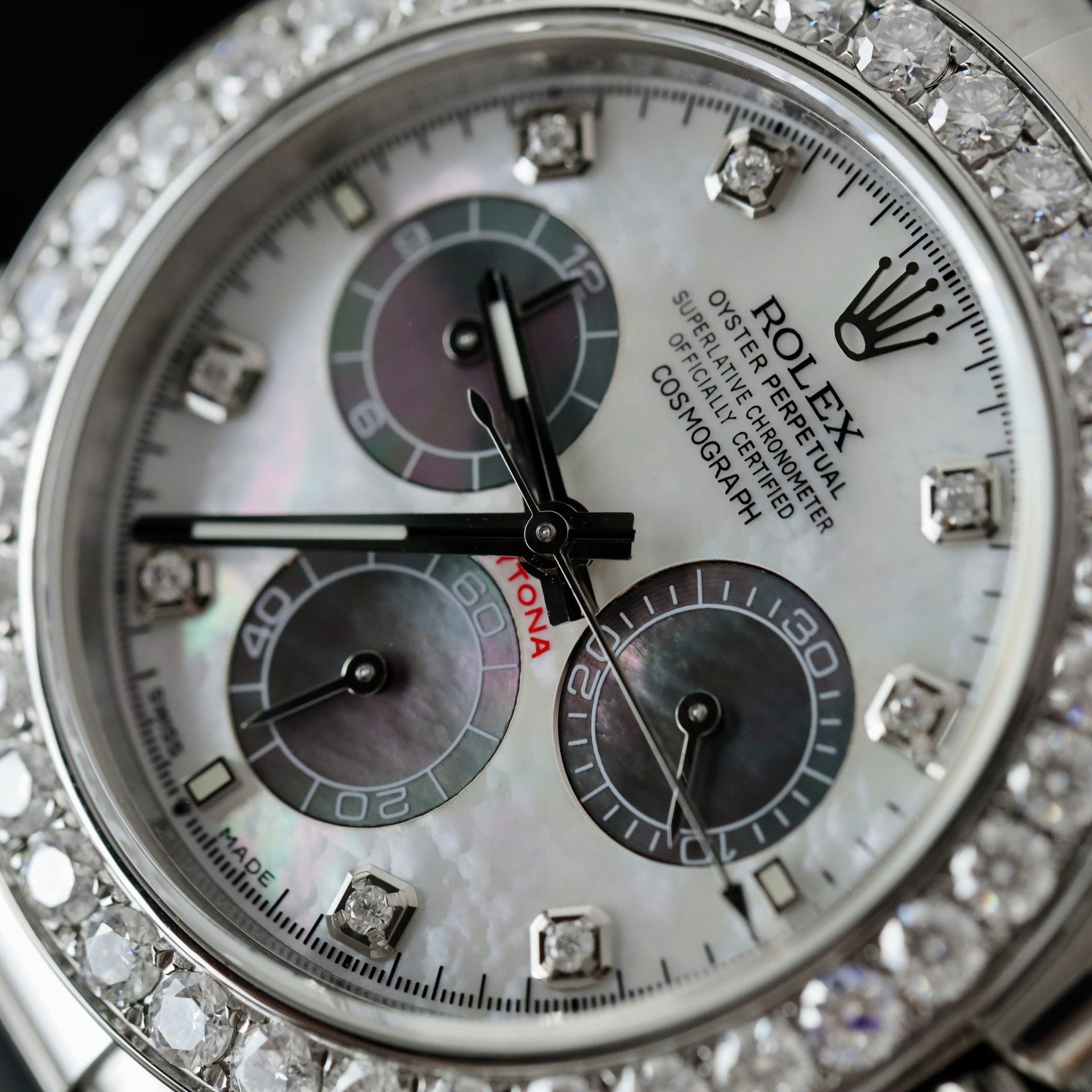 Rolex Daytona Dial MOP Replica Watch Number Pile + Bezel Diamonds Moissanite Custom 40mm