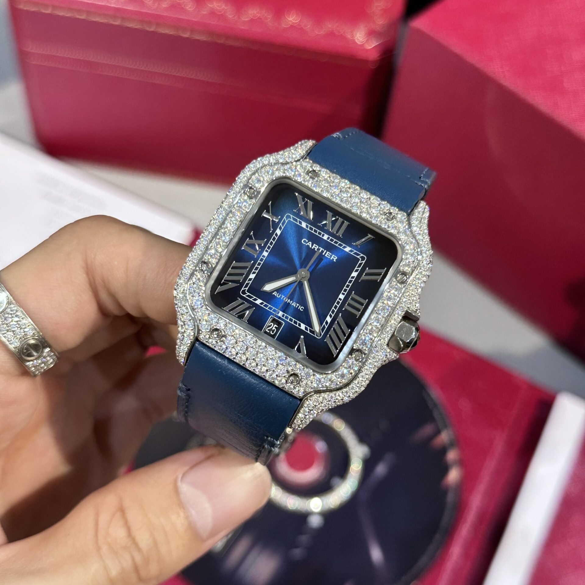Cartier Santos Replica Watch Blue Dial Custom Moissanite Diamonds 39.8mm
