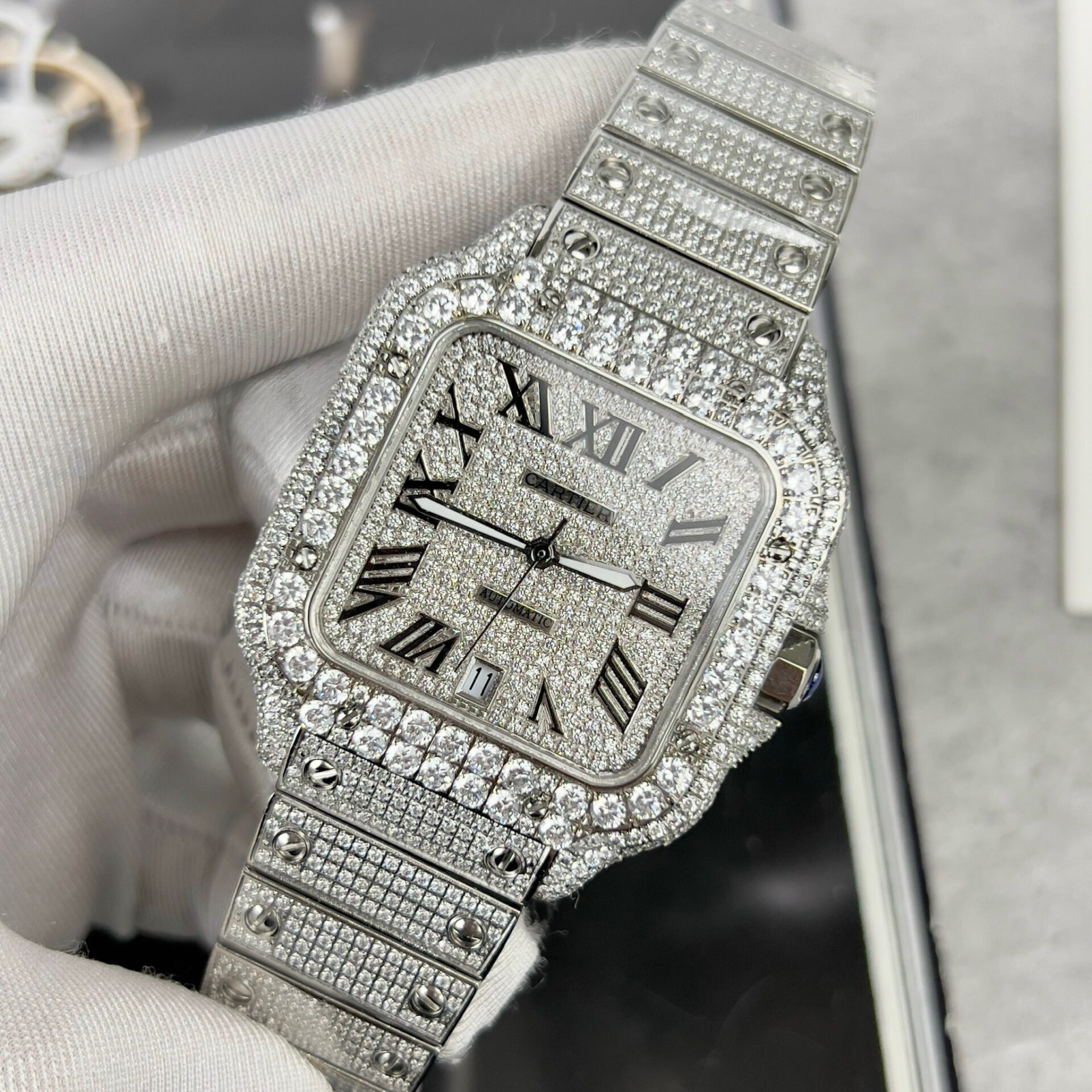 Cartier Santos High Quality Replica Watch With Stone Bezel 39.8mm