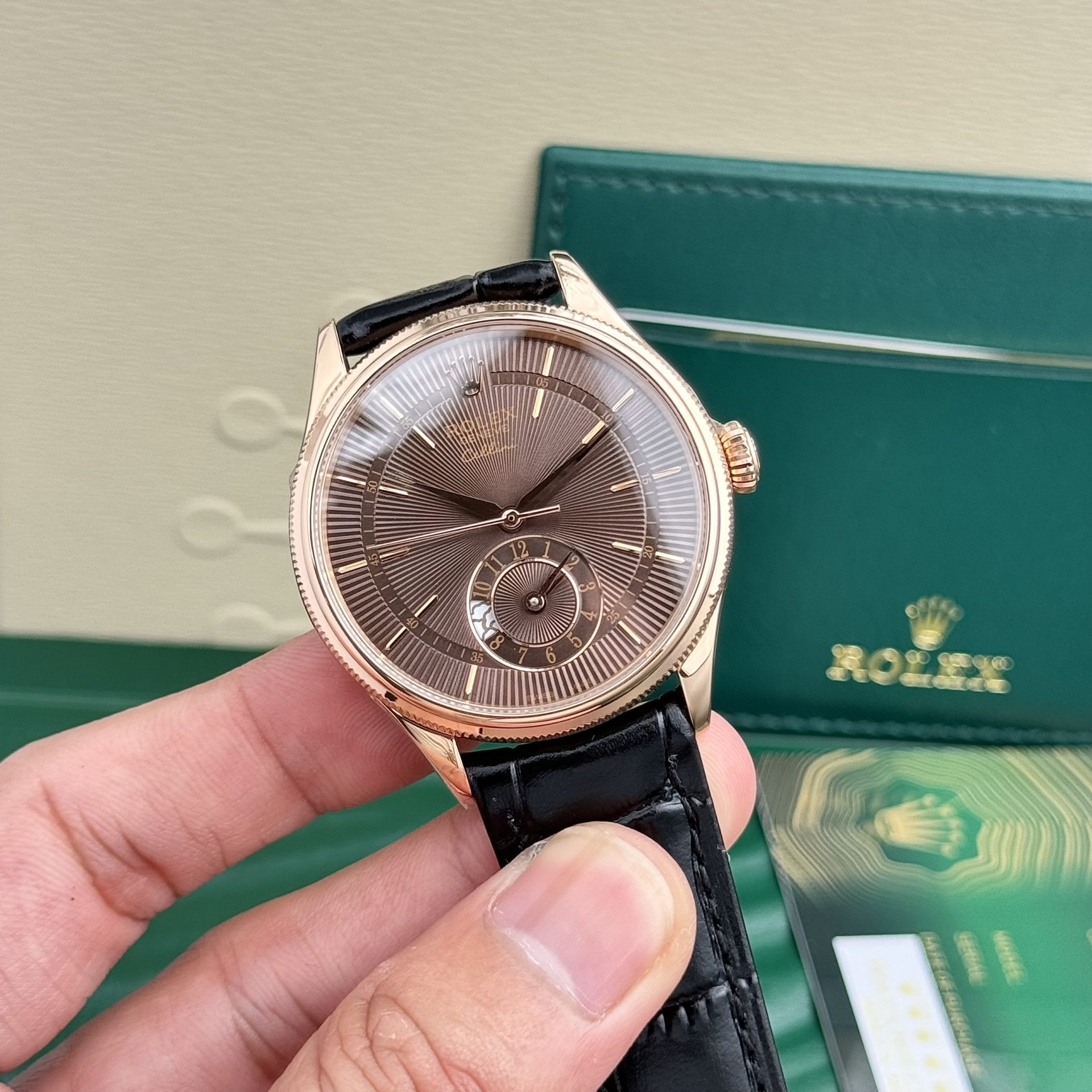 Rolex Replica Watch Cellini 50525 Chocolate Dial Leather Strap 39mm