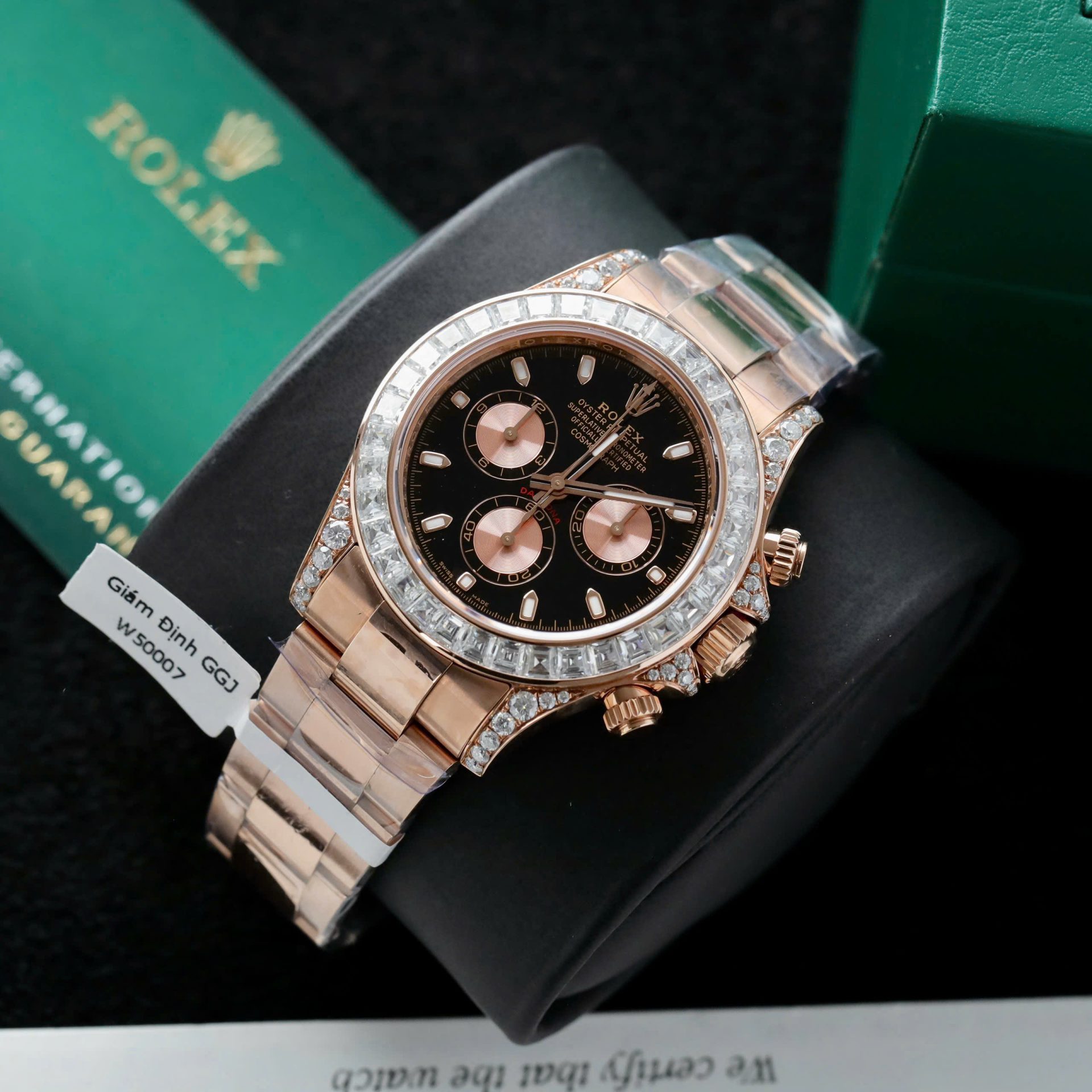 Rolex Daytona Dial Black Copies Watches Gold Wrapped + Diamonds Moissanite Baguette 40mm