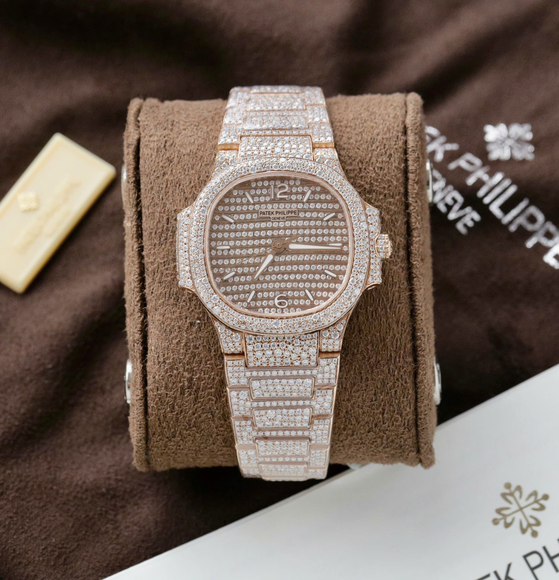Patek Philippe Nautilus 7118 Replica Watch Gold Wrapped + Moissanite Diamonds Custom 35.2mm
