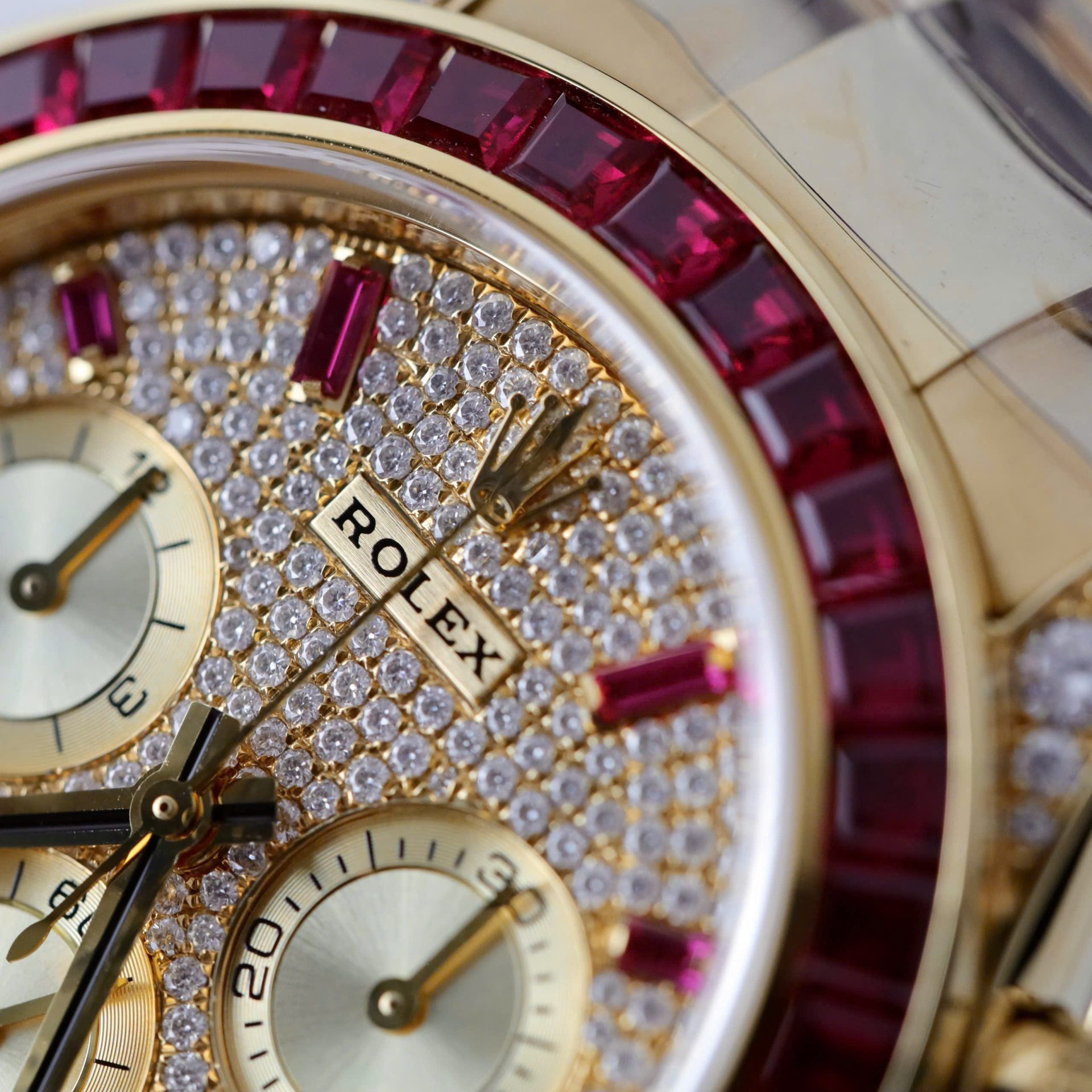 Rolex Daytona 126598TRU Replica Watches Custom Gold Wrapped + Ruby + Diamonds Moissanite 40mm