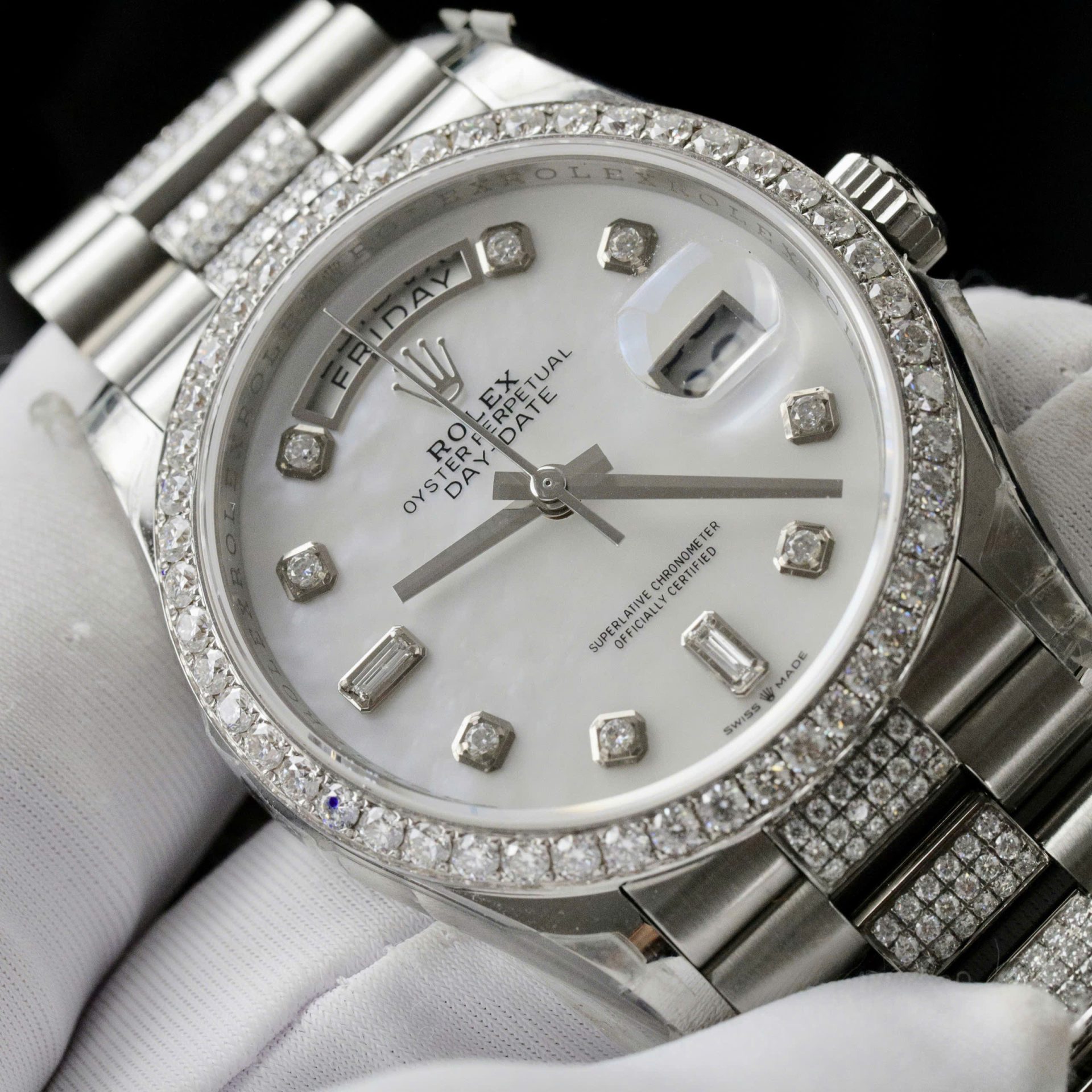 Rolex Day-Date Dial MOP Best Replica Watch Custom Moissanite Diamonds 36mm
