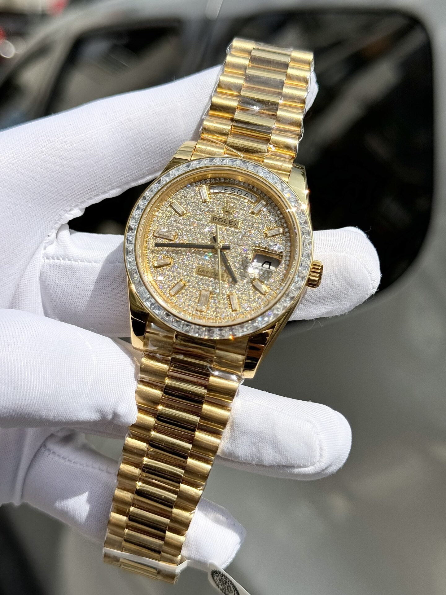Rolex Day-Date Replica Watch Diamond Moissanite Baguette Gold Wrapped 40mm