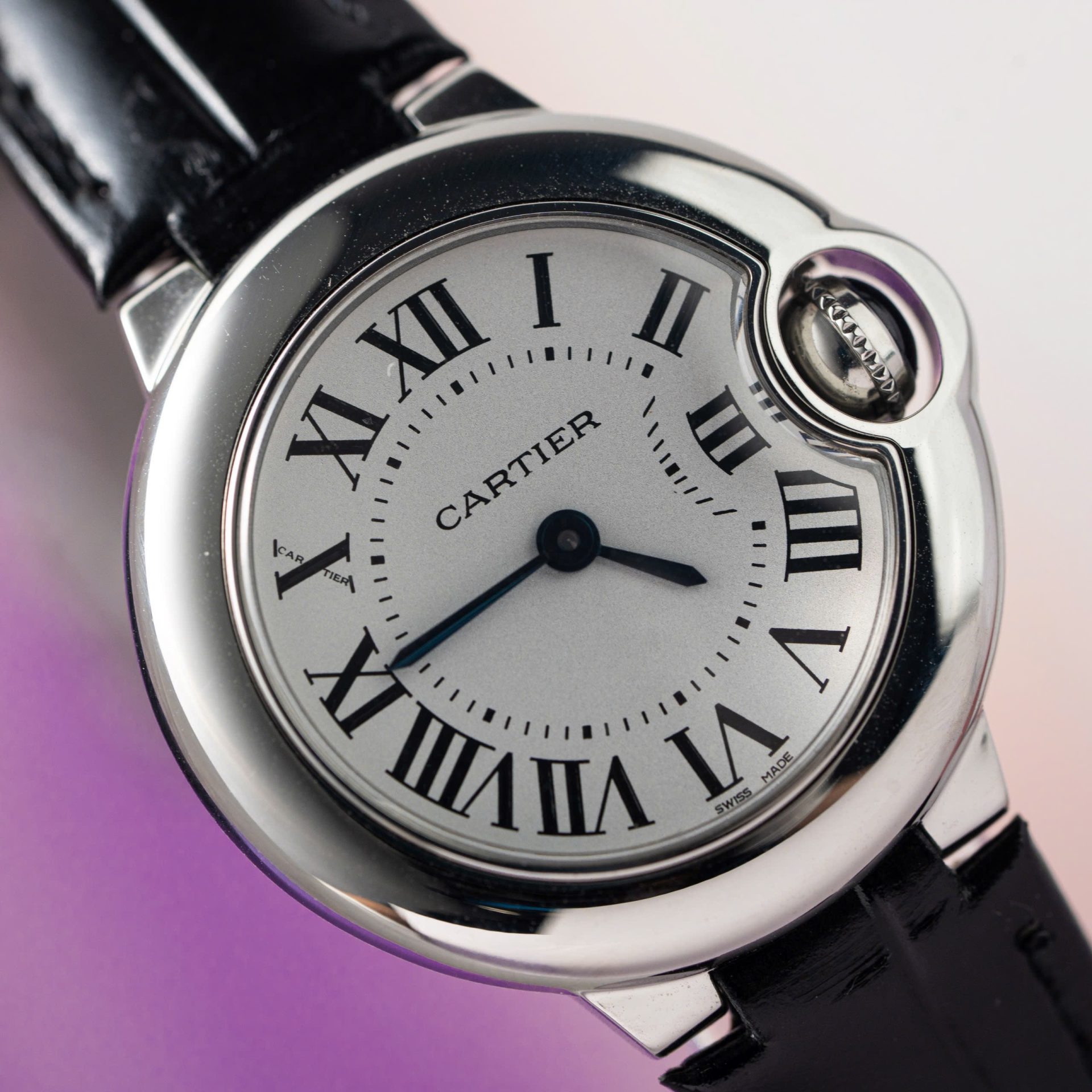Cartier Ballon Bleu Women s Replica 11 Watch White Dial Black Leather Strap 28mm