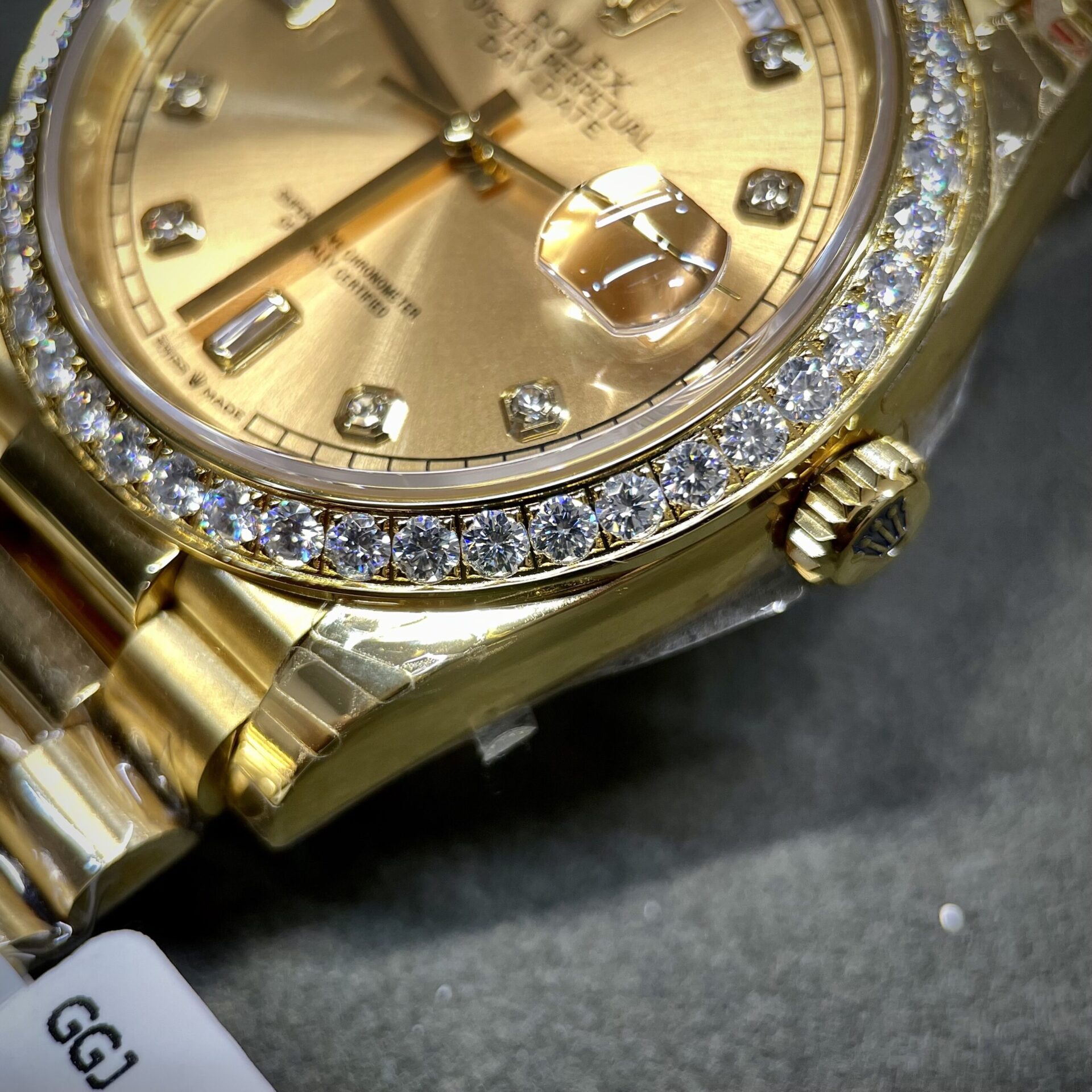 Rolex Fake Watch Day-Date Yellow Dial Custom Moissanite Diamonds 40mm