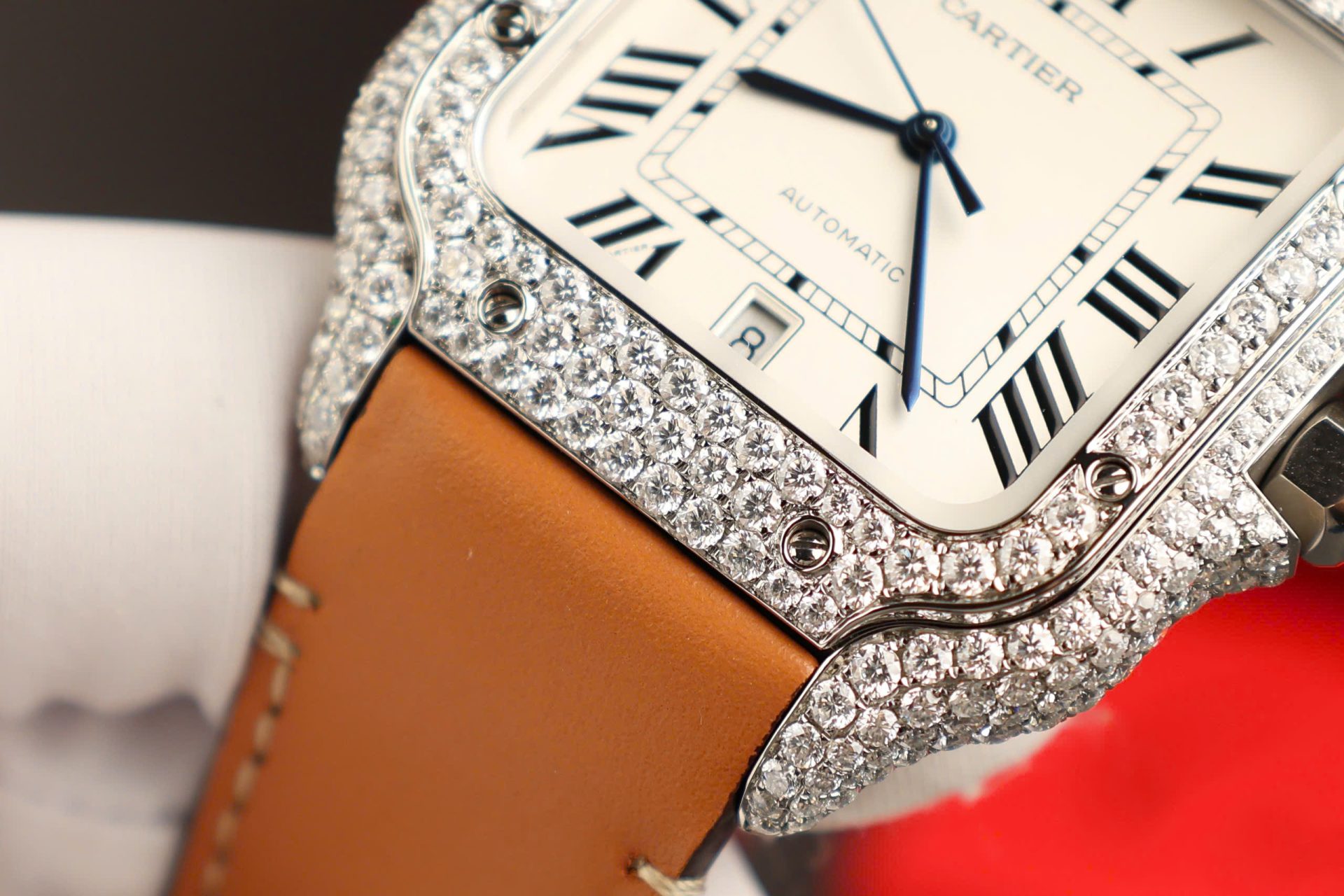 Cartier Santos White Dial Replica Watch Custom Diamonds Moissanite BV Factory 39.8mm