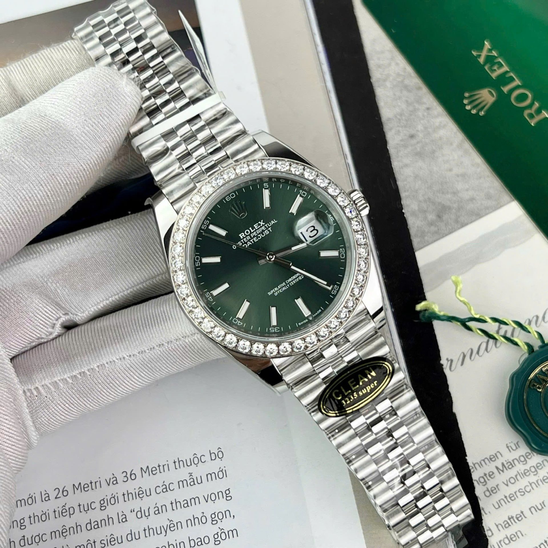 Rolex DateJust Green Dial Copies Watch Moissanite Diamonds Custom Clean Factory 41mm