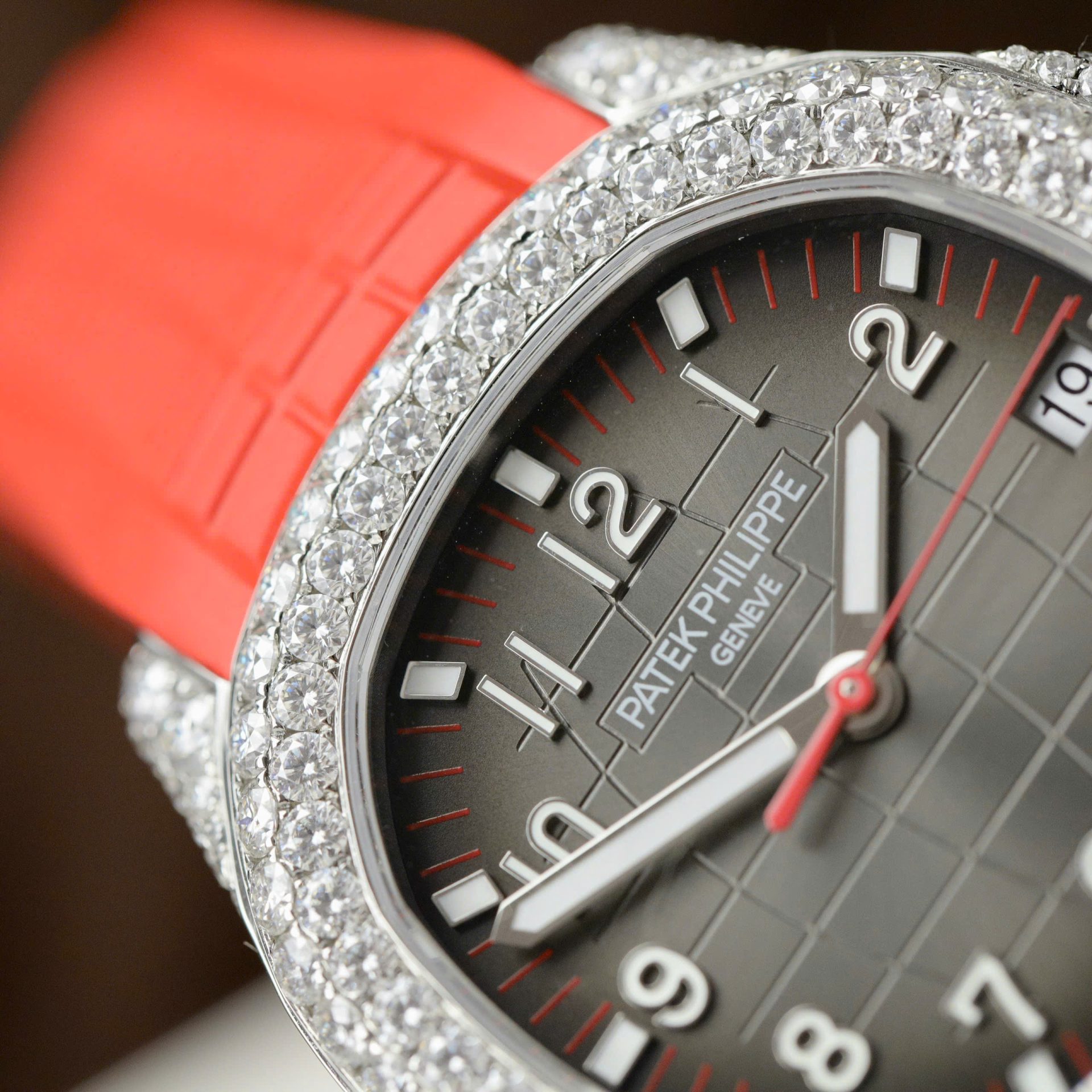 Patek Philippe Aquanaut 5167 Rep 11 Watch Custom Moissanite Diamonds Red Rubber Strap 40mm