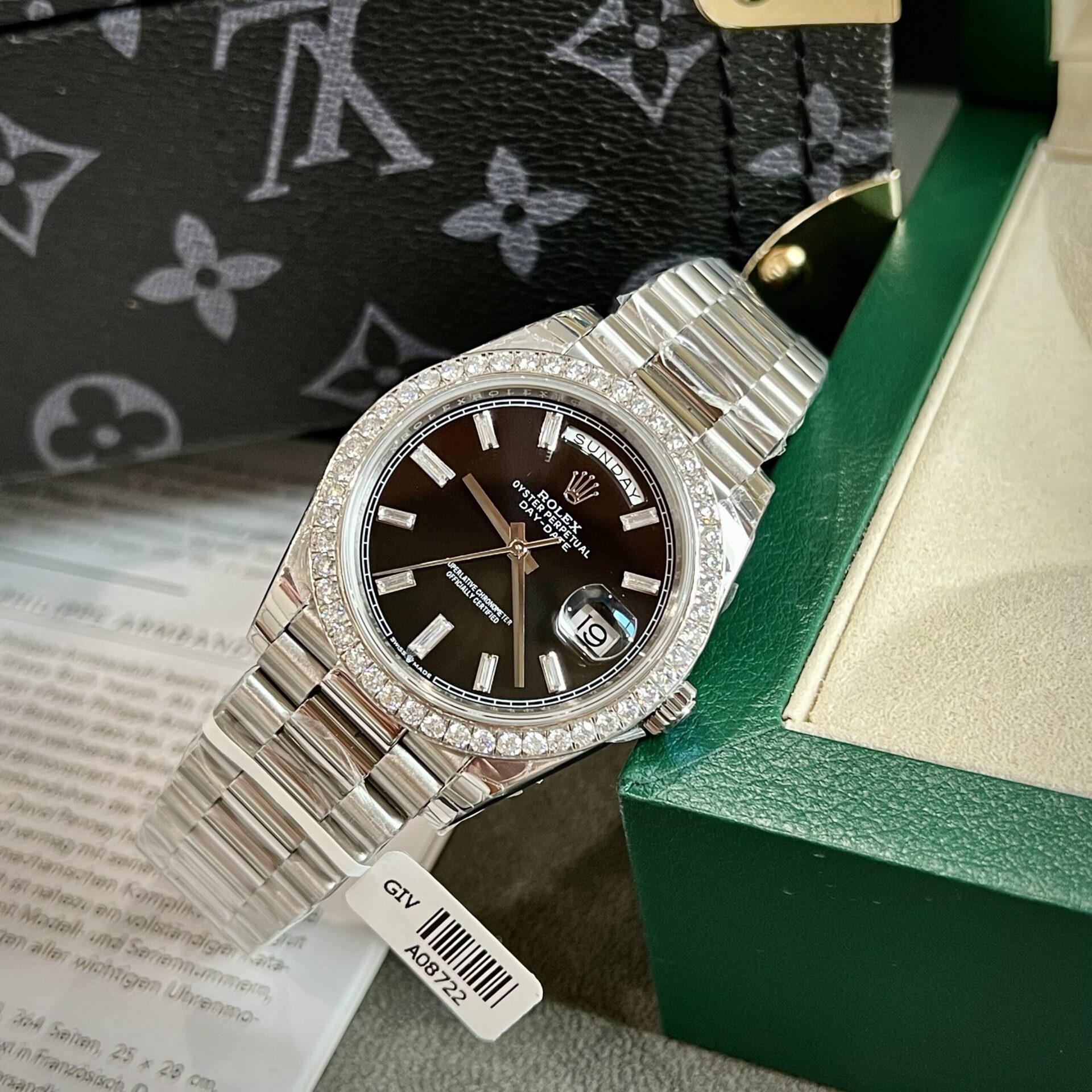 Rolex Day-Date Replica Watch Black Dial Custom Moissanite Diamonds 40mm