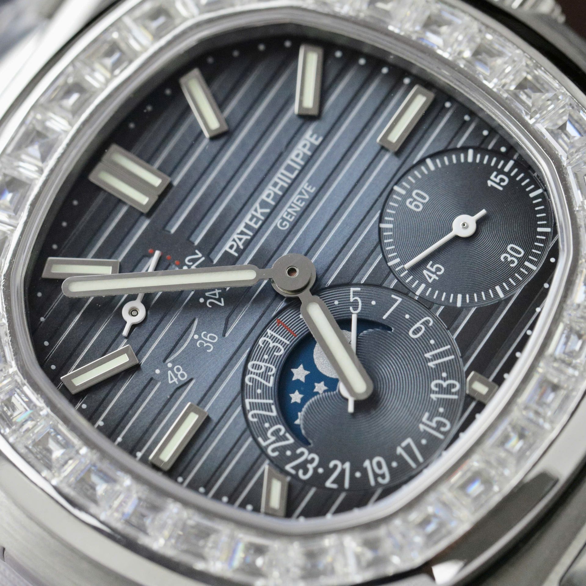 Patek Philippe Nautilus 5724G Refined Dial Copies Watch Custom Diamonds Moissanite Baguette 40mm