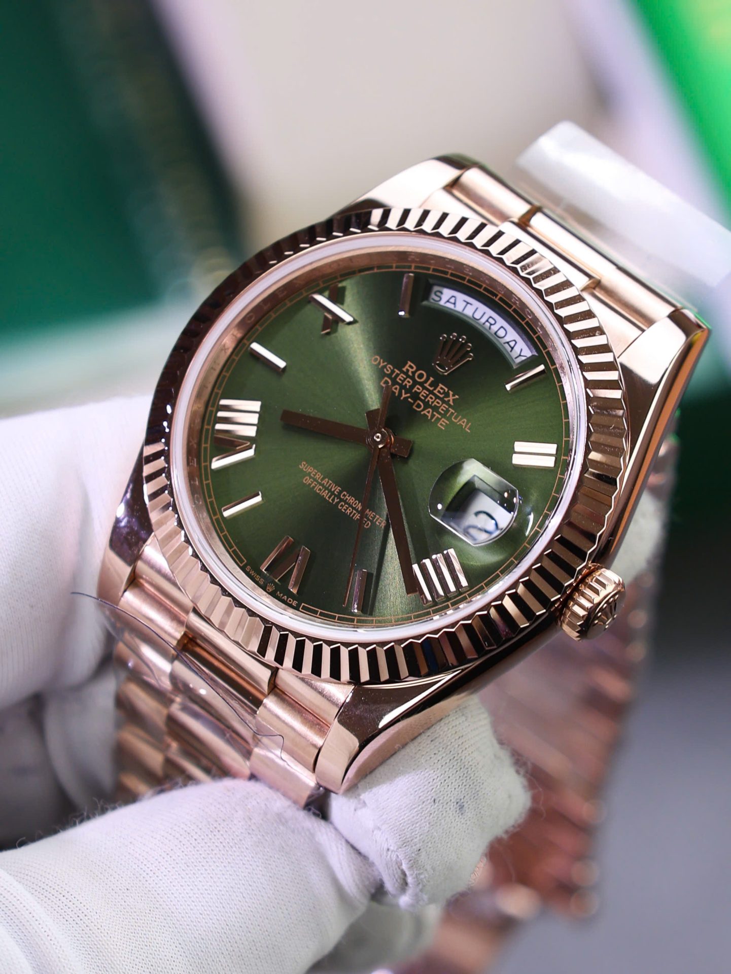 Rolex Day-Date Green Dial Replica Watch Gold Wrapped Weight 186Gram QF 40mm