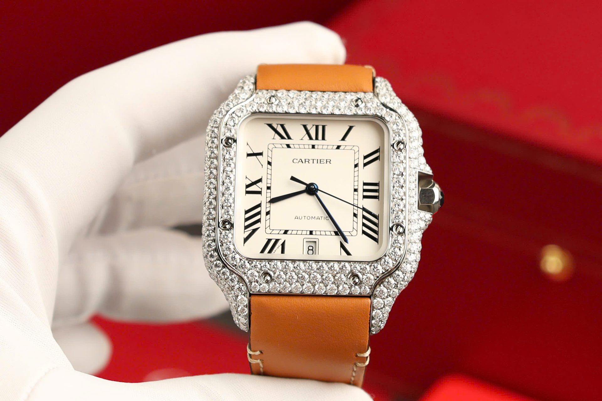 Cartier Santos White Dial Replica Watch Custom Diamonds Moissanite BV Factory 39.8mm