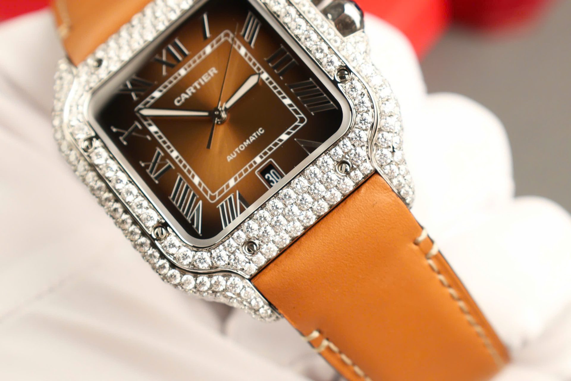 Cartier Santos Dial Brown Replica Watches Custom Diamonds Moissanite BV Factory 39.8mm