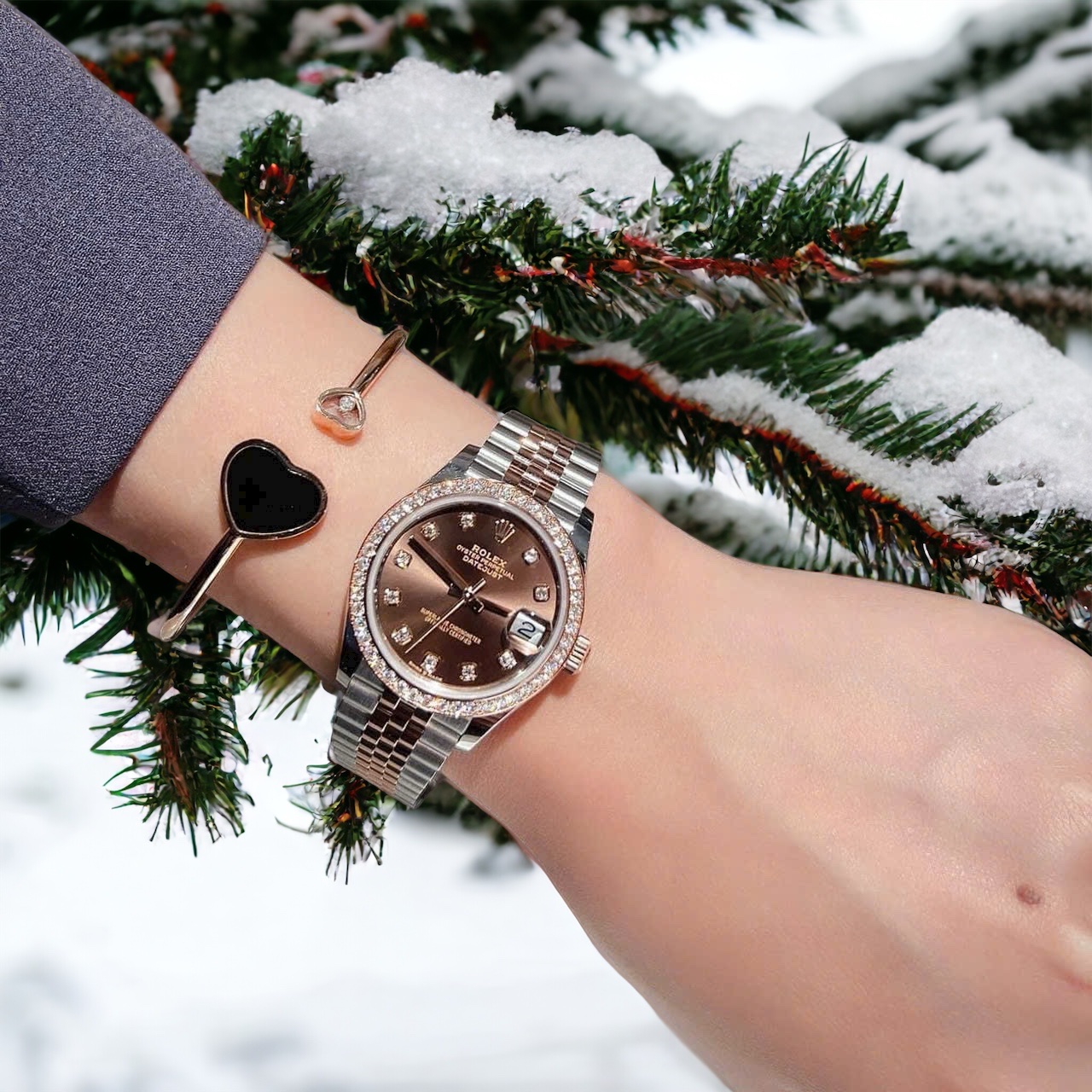 Rolex Replica Watch DateJust Chocolate Dial Custom Benzel Moissanite Diamonds 31mm