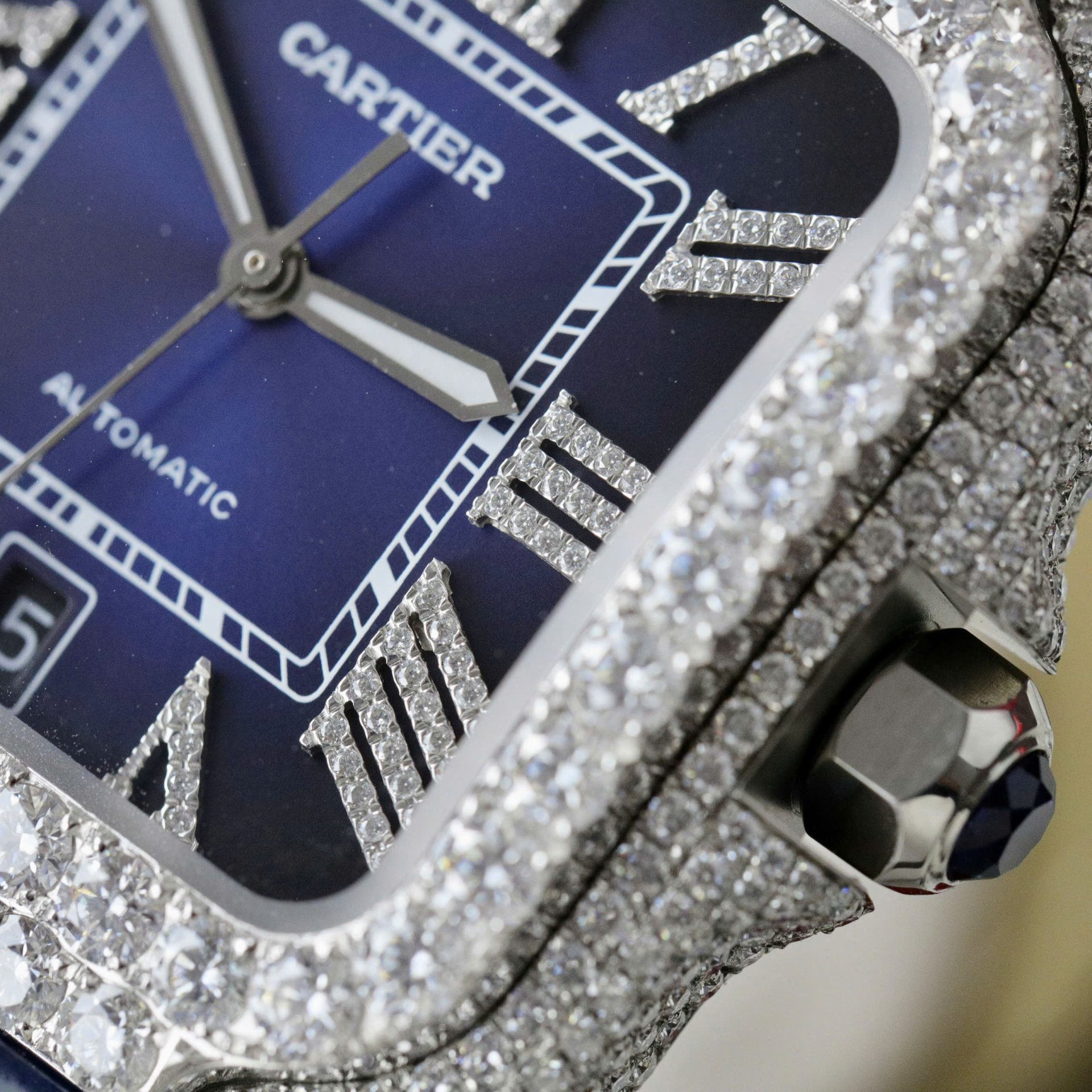 Cartier Santos Best Copies Watch Dial Blue Custom Diamonds Moissanite Hong Kong 39.8mm