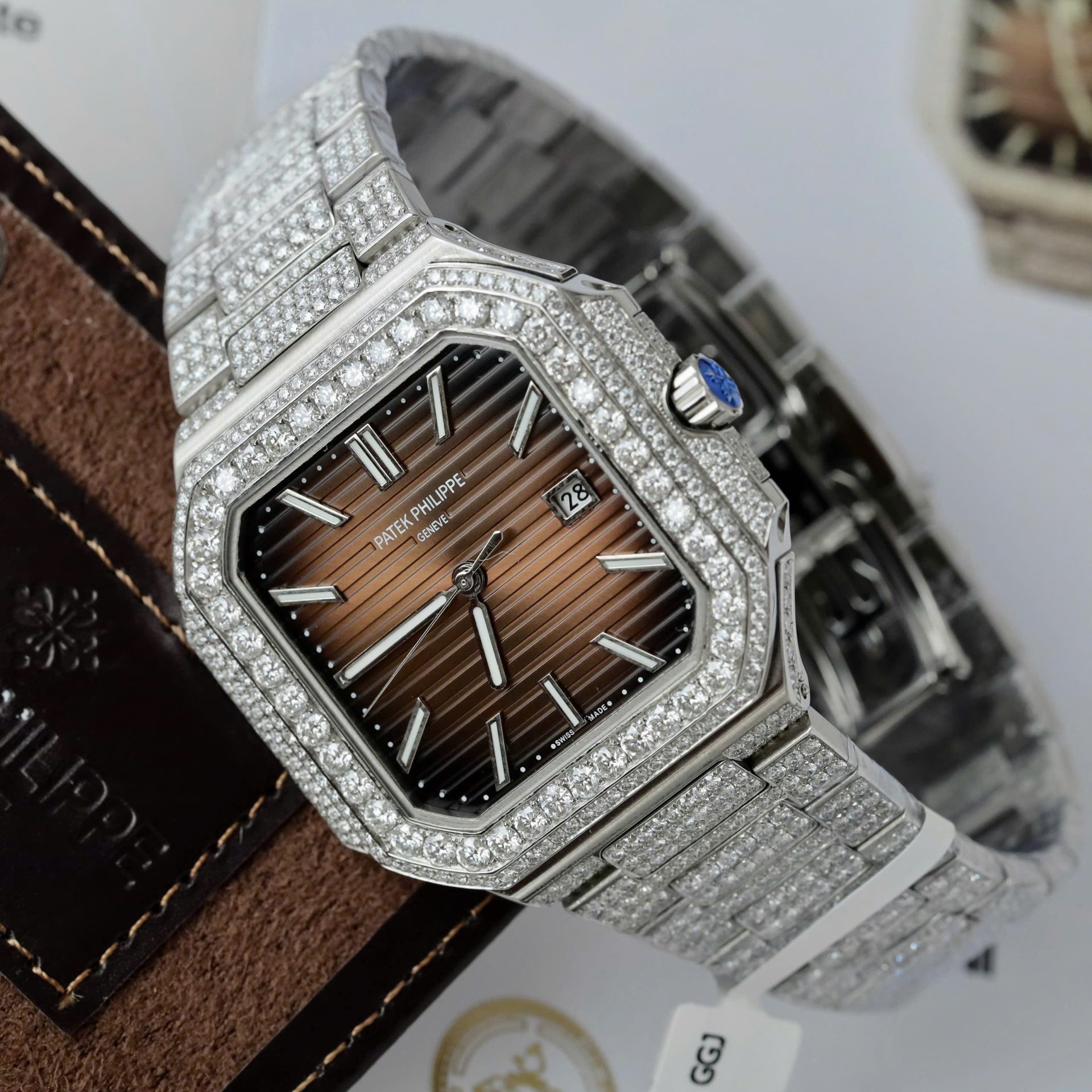 Patek Philippe Cubitus 5821 Dial Brown Replica Watch Full Diamonds Moissanite Hong Kong 45mm