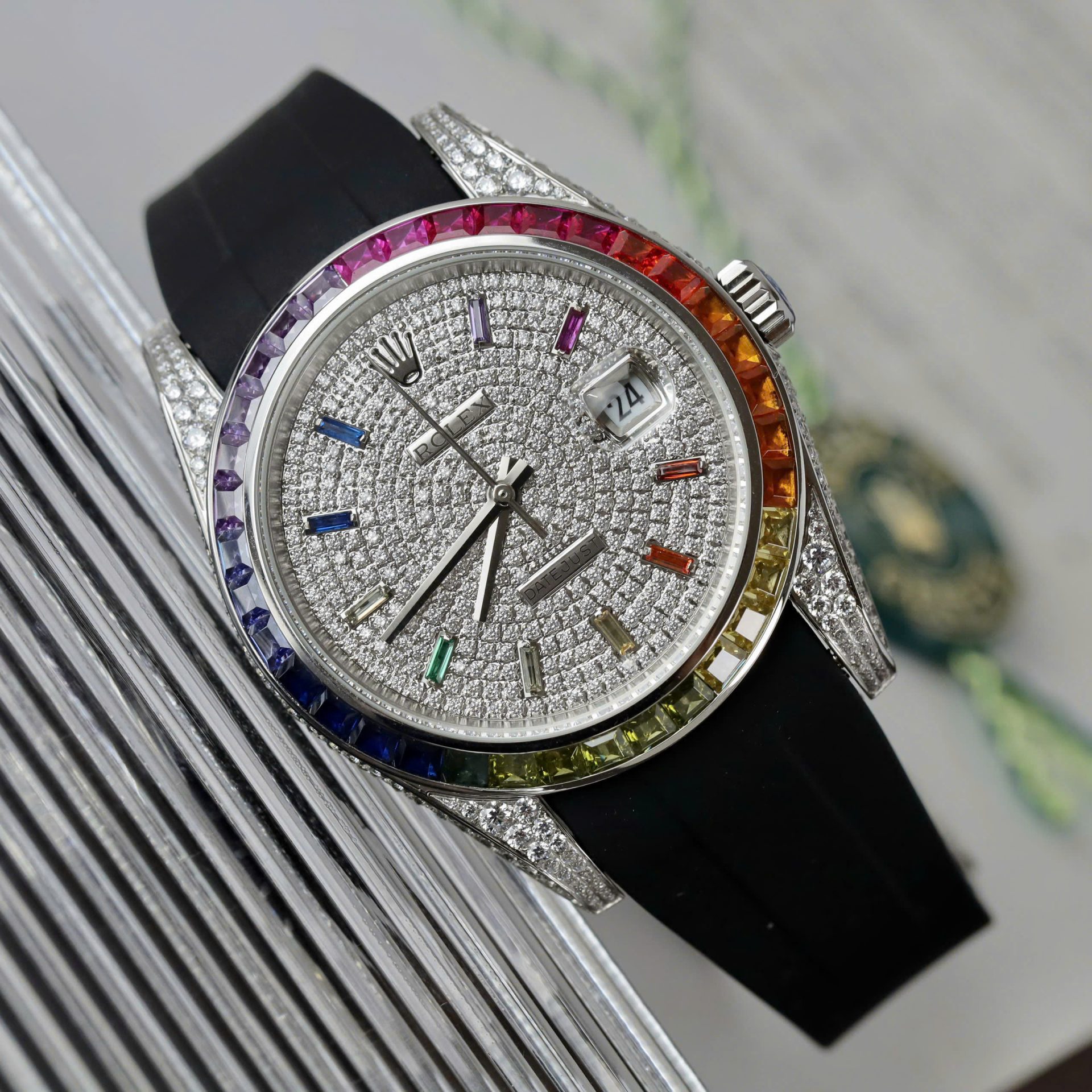 Rolex DateJust Rainbow Fake Watch Rubber Strap 41mm