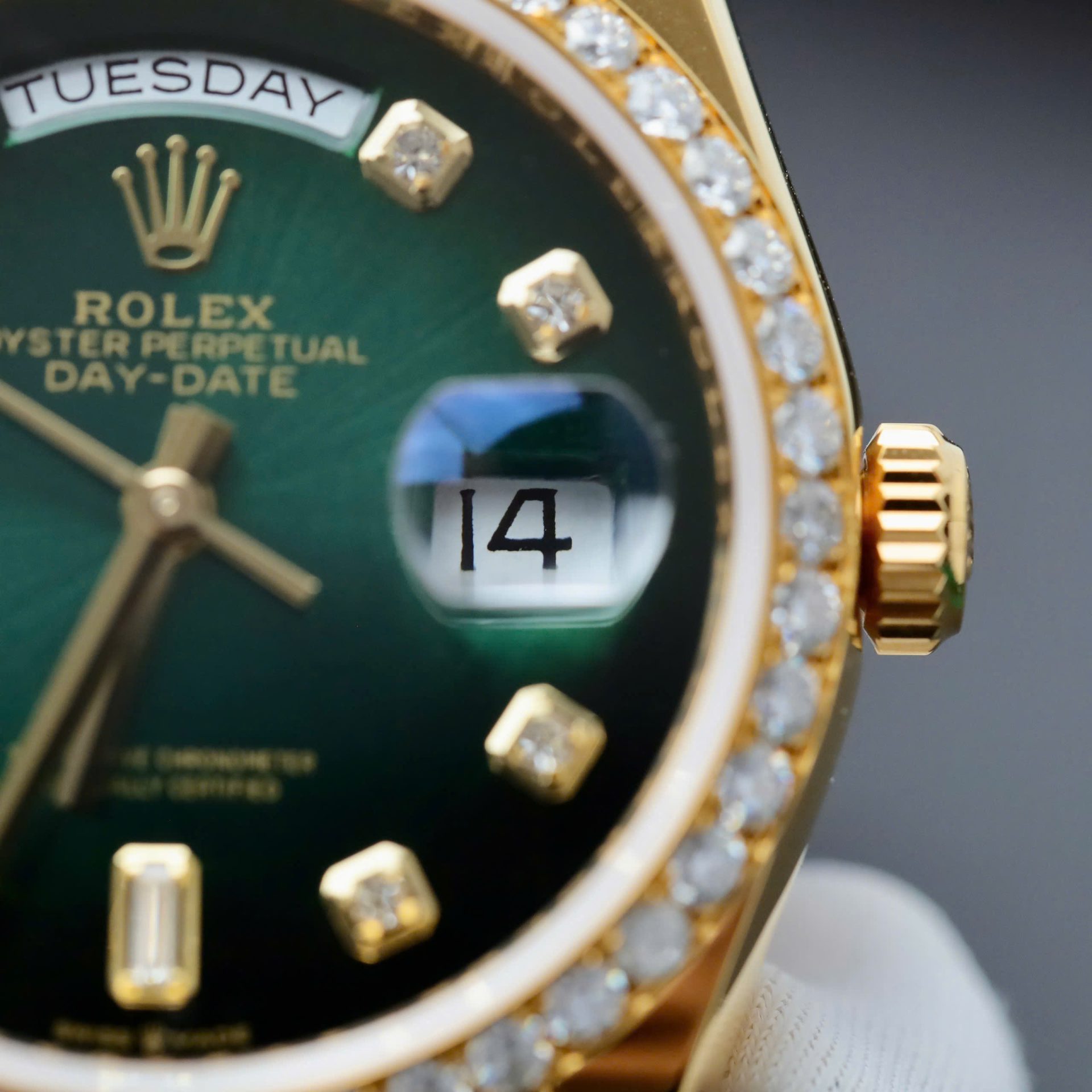 Rolex Day-Date Dial Green Ombre Copies Watch Gold Wrapped + Diamonds Moissanite Custom 36mm