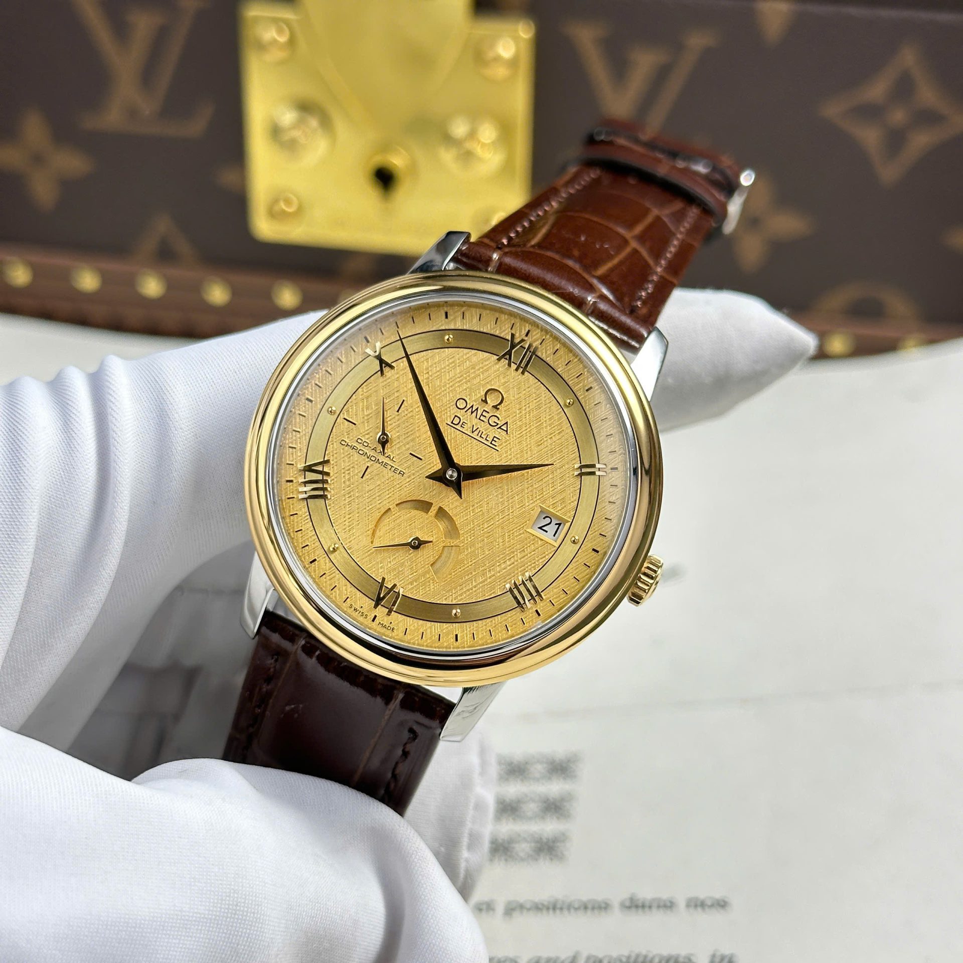Omega De Ville Prestige Power Reserve Replica 11 Watch Yellow Dial Leather Strap 39.5mm