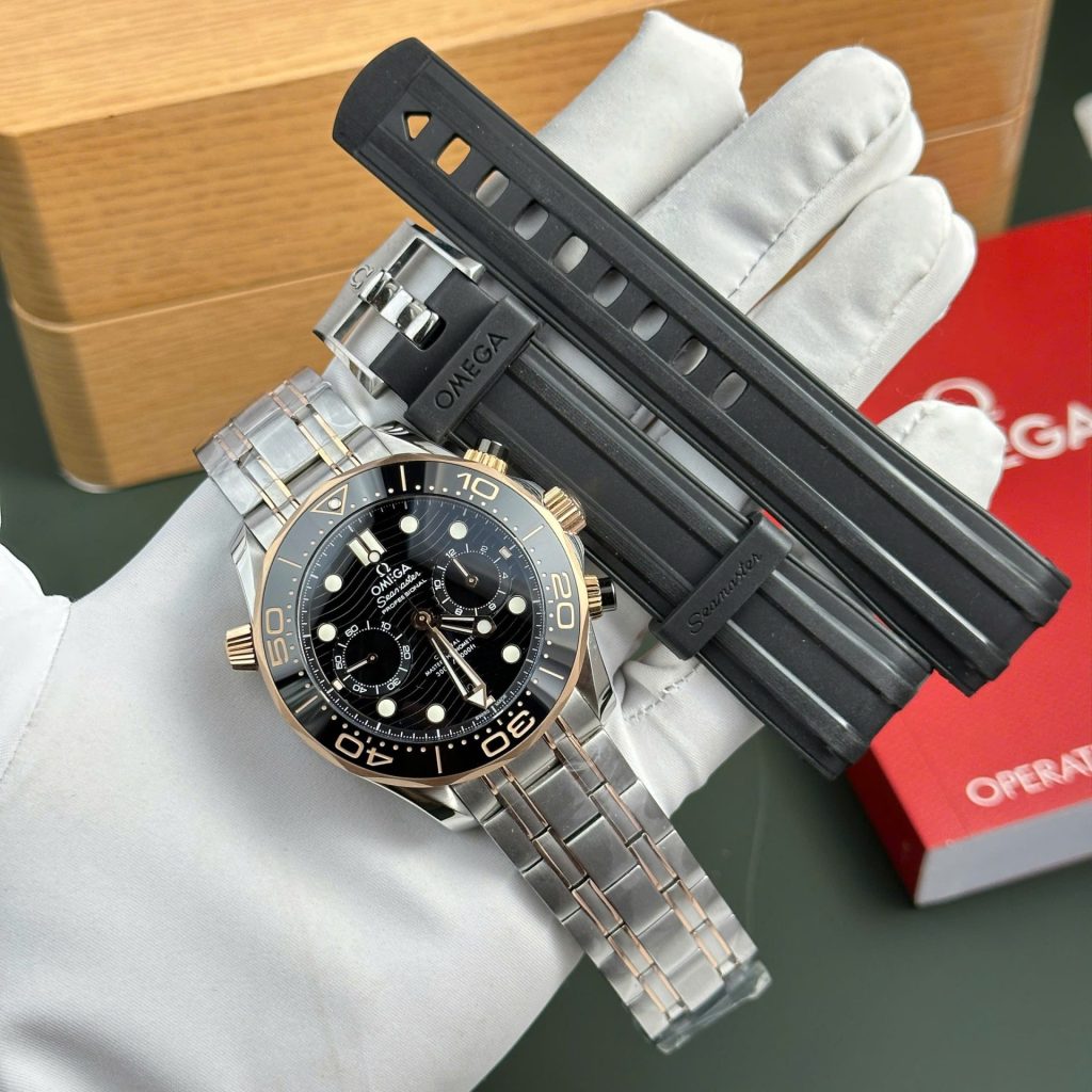 Omega Dial Black Copies Watches Seamaster Diver 300M Chronograph Demi Rose Gold N1 Factory 44mm