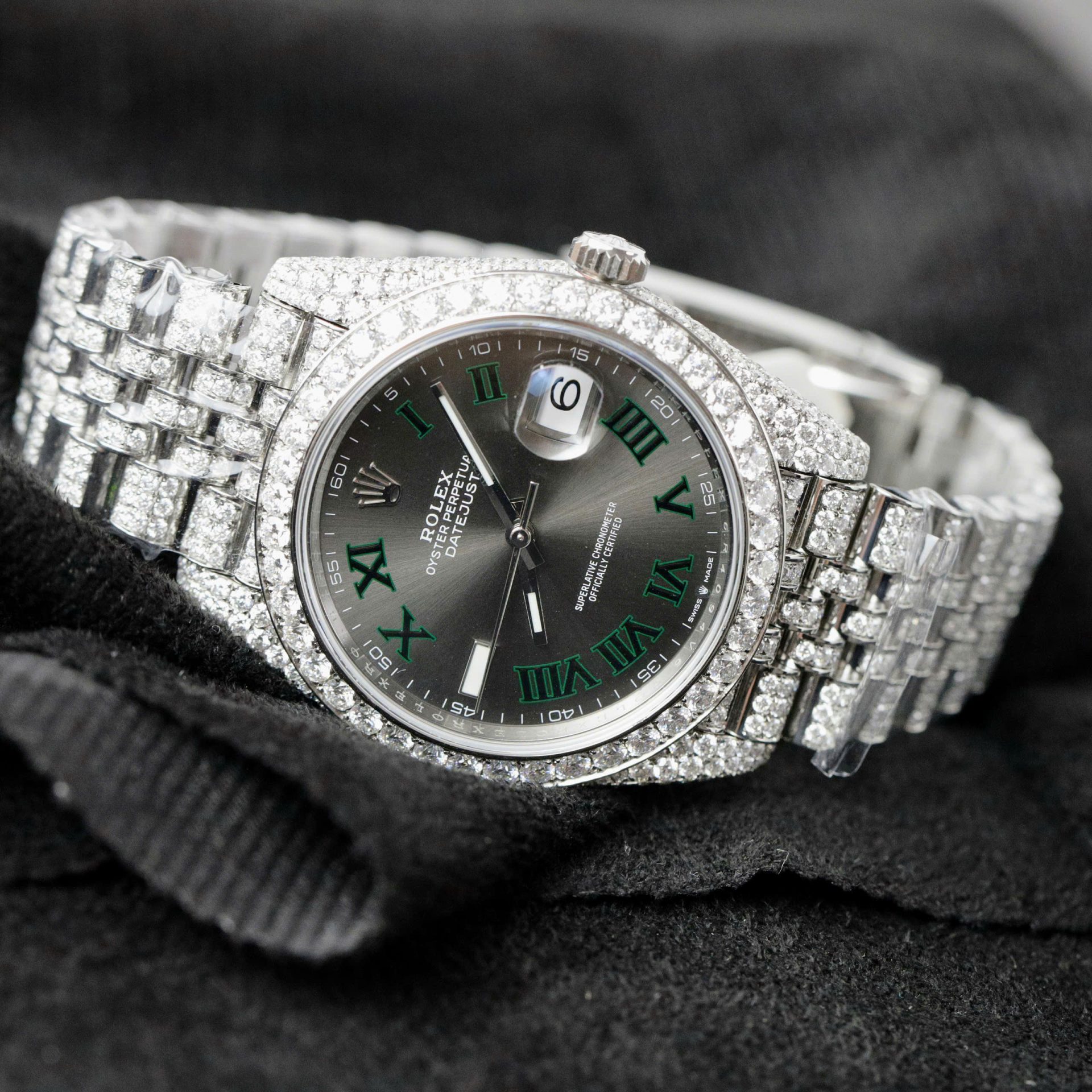 Rolex DateJust Best Copies Watch Dial Wimbledon Custom Full Moissanite Diamonds 41mm