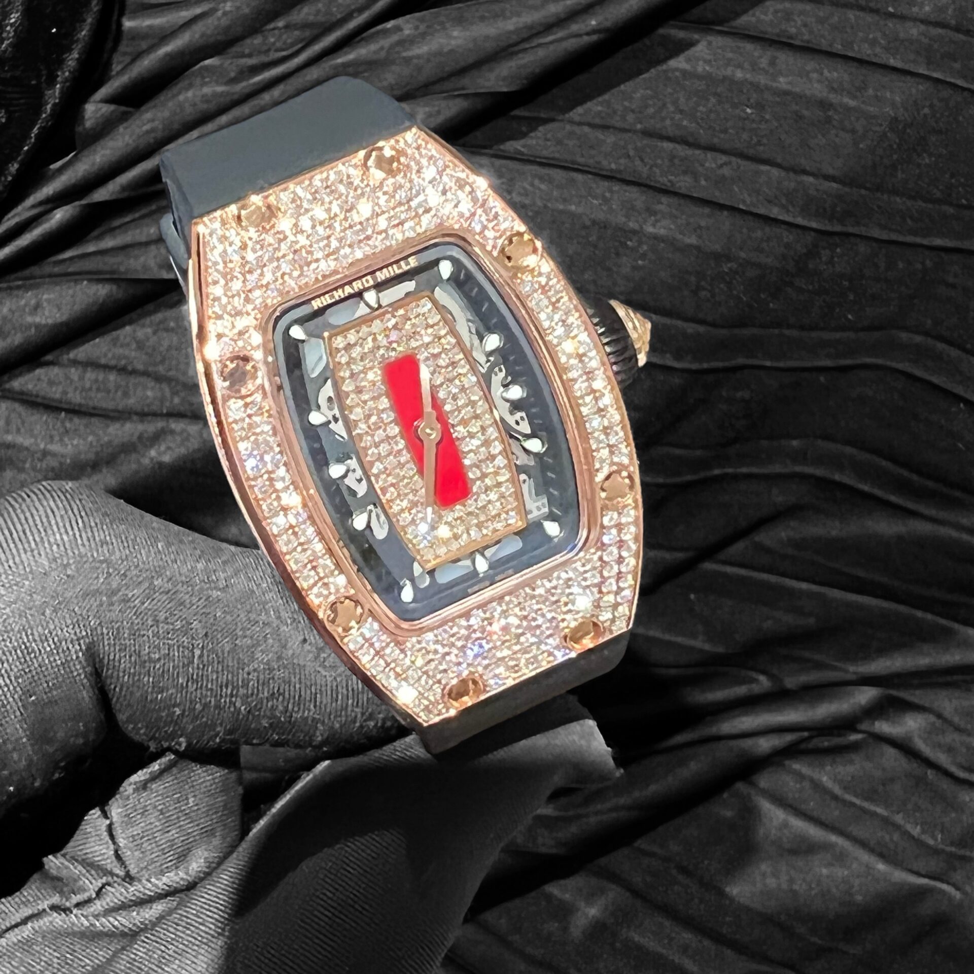 Richard Mille RM007 Replica Watch Rose Gold Wrapped With Full Natural Diamond 36mm