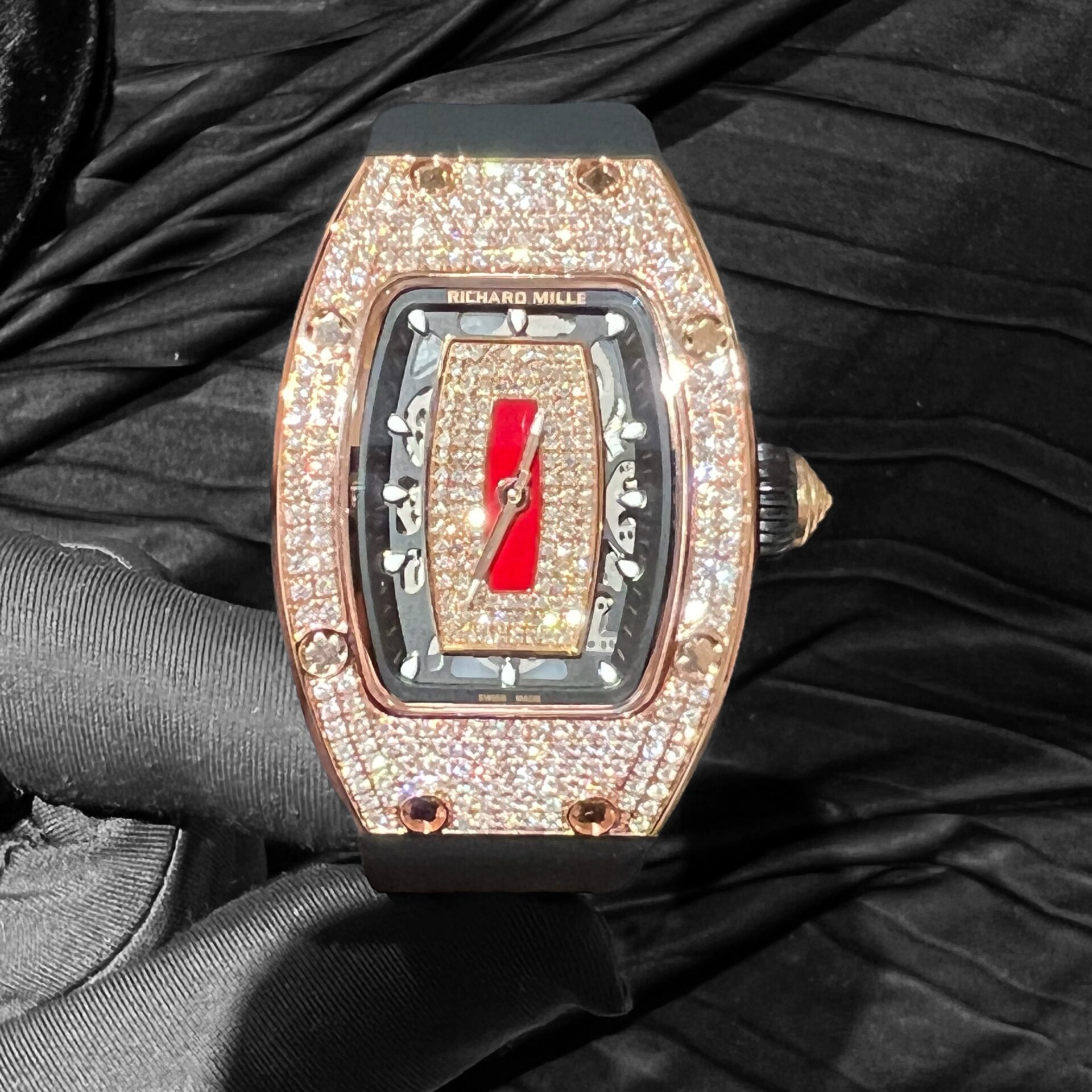 Richard Mille RM007 Replica Watch Rose Gold Wrapped With Full Natural Diamond 36mm