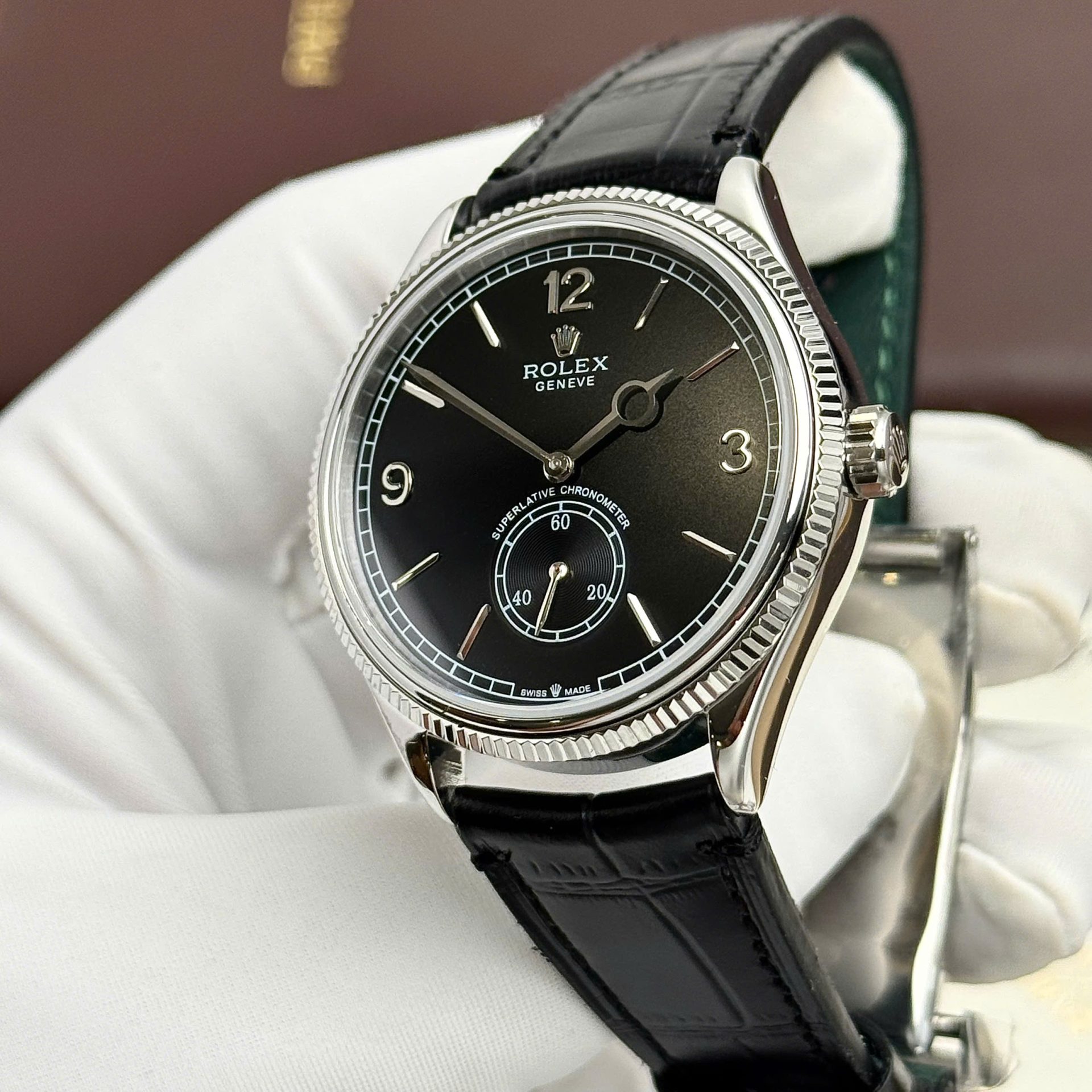 Rolex Perpetual 1908 Clone Watches Black Dial Leather Strap 39mm
