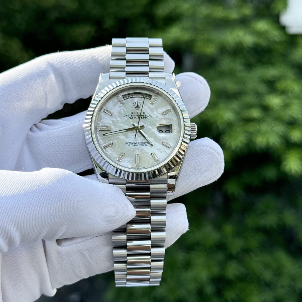 Rolex Day-Date Replica Watch Custom Mother Of Pearl   Moissanite Diamonds Baguetee 40mm